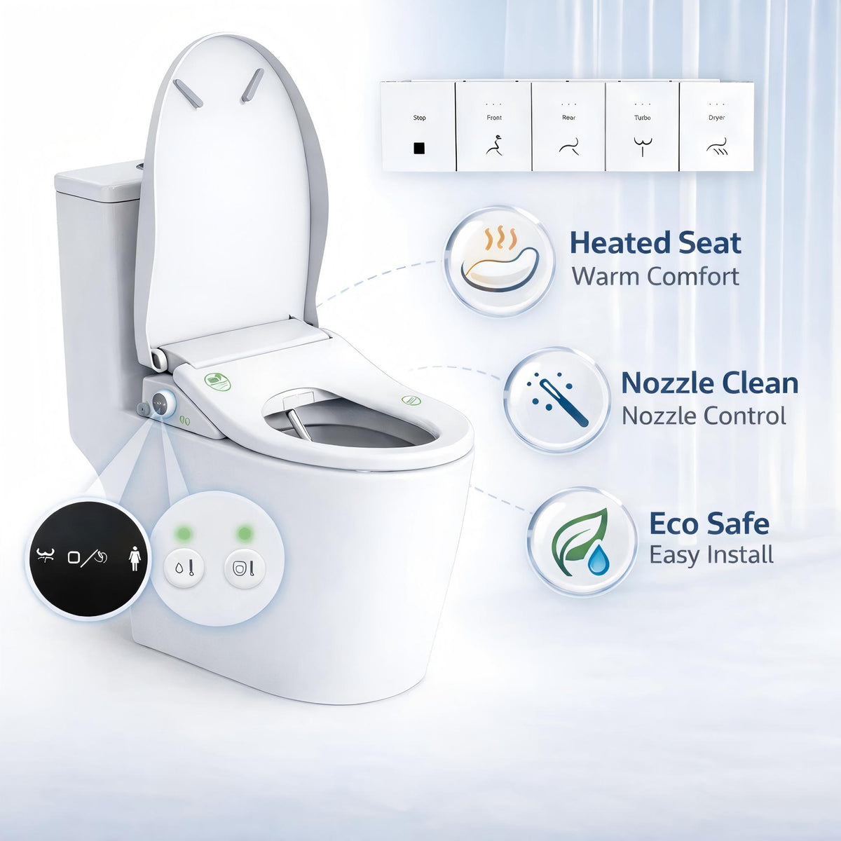 WHALLULTRA Smart Elongated Bidet Toilet Seat with Auto Open & Close, Remote Control, Heated Seat, Instant Warm Water, Warm Air Dryer, Stainless Steel Nozzle, Deodorizer & Night Light, White