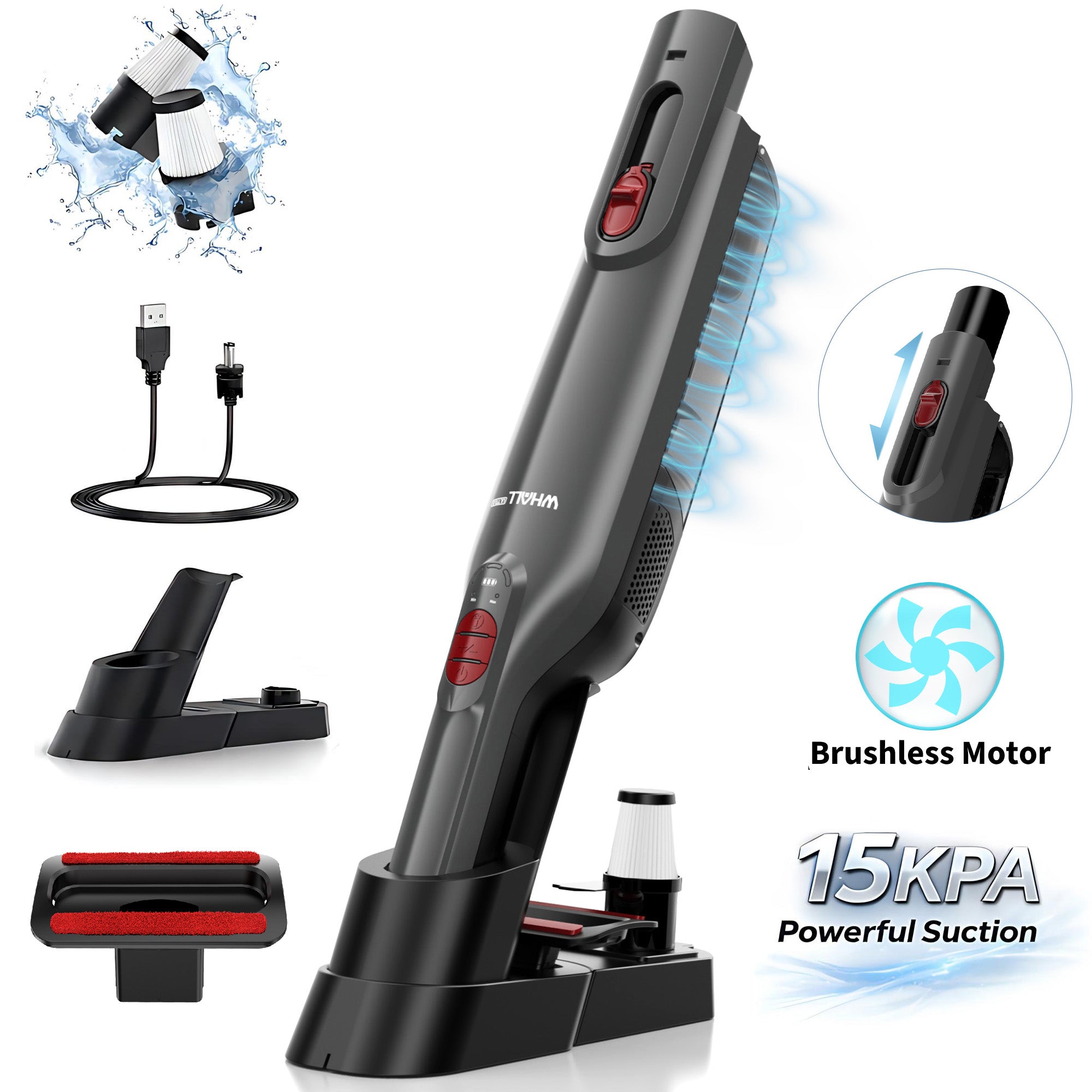 WHALLULTRA Handheld Vacuum Cleaner, 15kPa Powerful Suction Cordless Hand Vacuum with Bldc Motor, LED Light and Charging Dock for Home and Office
