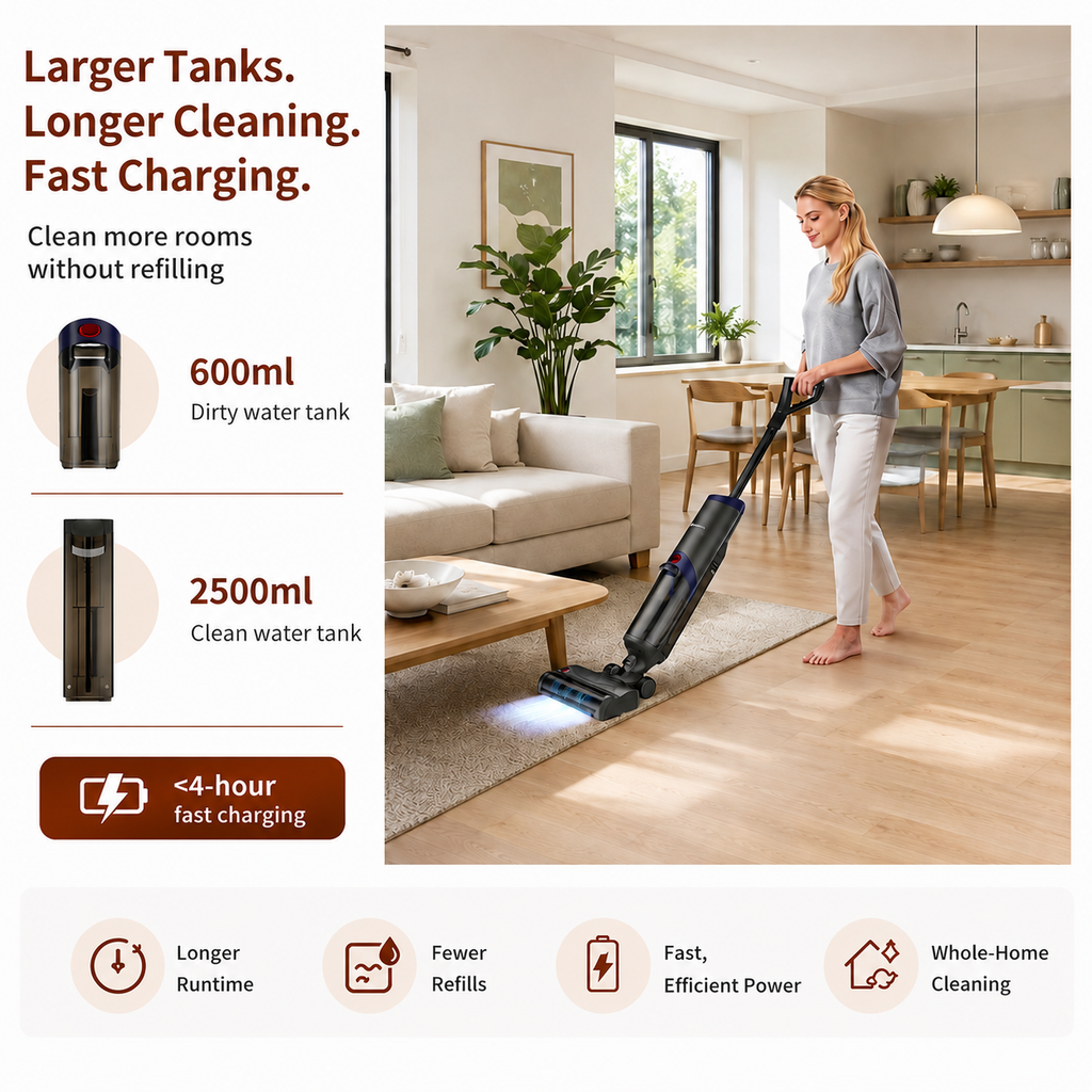 WHALLULTRA Cordless Wet Dry Vacuum Cleaner, 15kPa Suction Vacuum Mop Floor Washer with Self-Cleaning Brush Roll, Smart Voice Guidance, 0.6L Tank