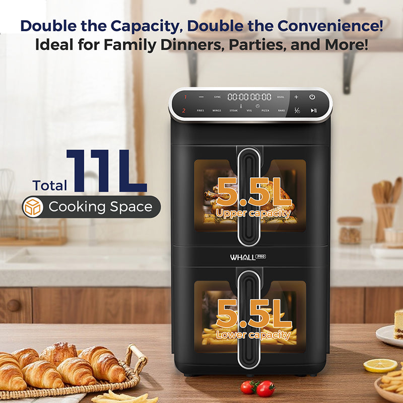 WHALLULTRA 11L Dual Basket Air Fryer – Independent Cook, Visible Windows, One-Touch Smart Control, Rapid Preheat