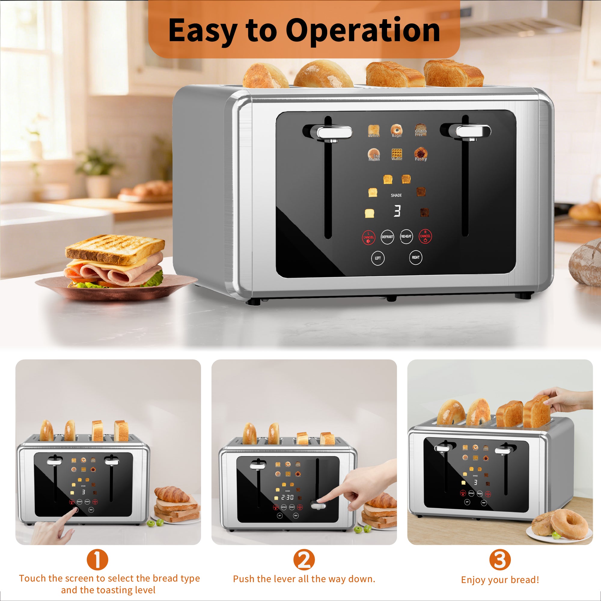 WHALLULTRA Toaster 4 Slice,Touchscreen Toaster with 6 Bread Types & 6 Shade Settings, Stainless Still 2 slice Toaster