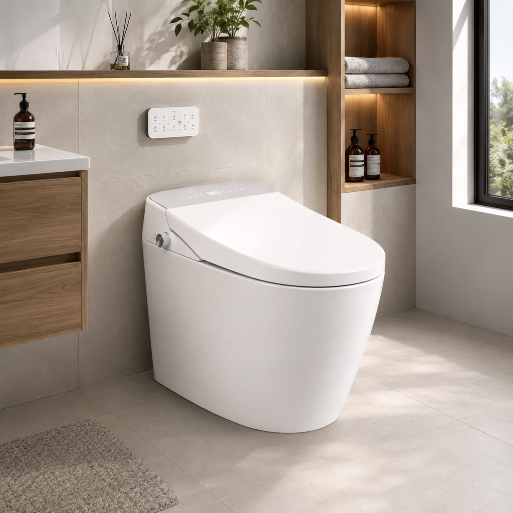 WHALLULTRA Smart Toilet, One Piece Bidet Toilet with Heated Seat, Warm Water Wash, Auto Flush, Foot Sensor Operation, Warm Air Dryer, LED Display, Elongated Modern Toilet