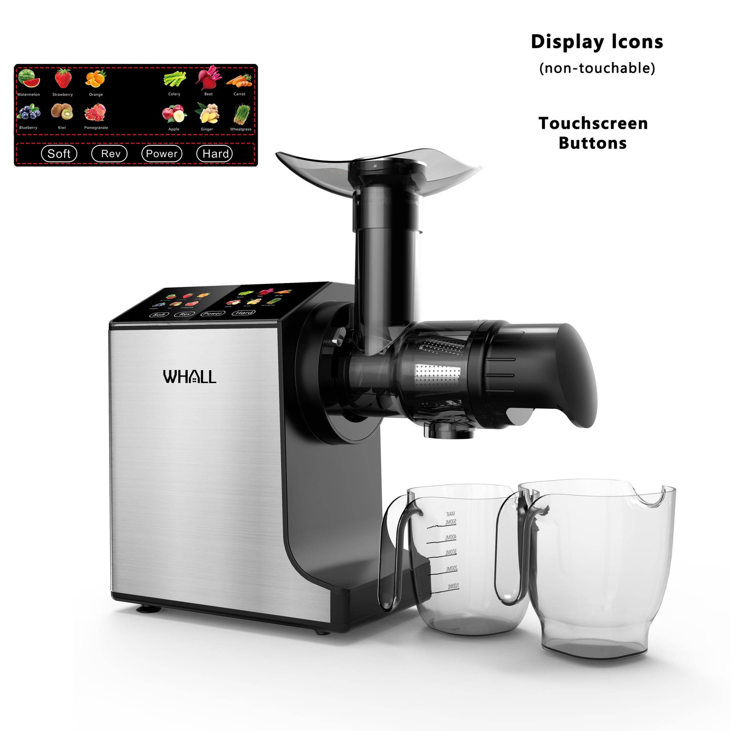WHALLULTRA Masticating Slow Juicers, Cold Press Juicer Machine, Wide Feed Chute, High Juice Yield, Stainless Steel Masticating Juicer - Silver