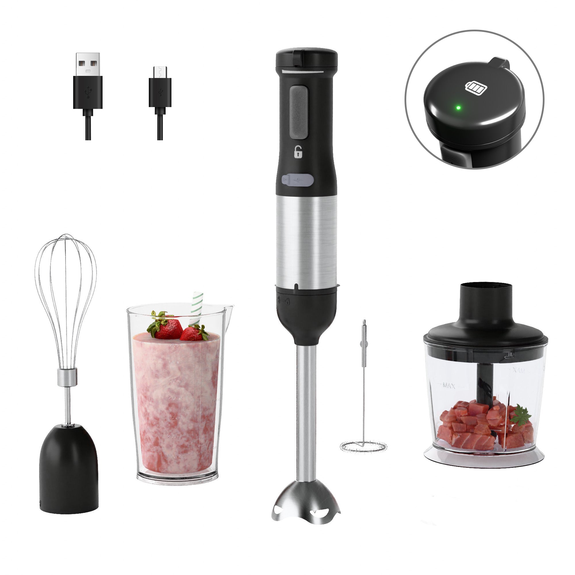 WHALLULTRA Cordless Hand Blender, 5-in-1 Immersion Blender with 2000mAh Battery, Beaker, Chopper, Whisk, Milk Frother