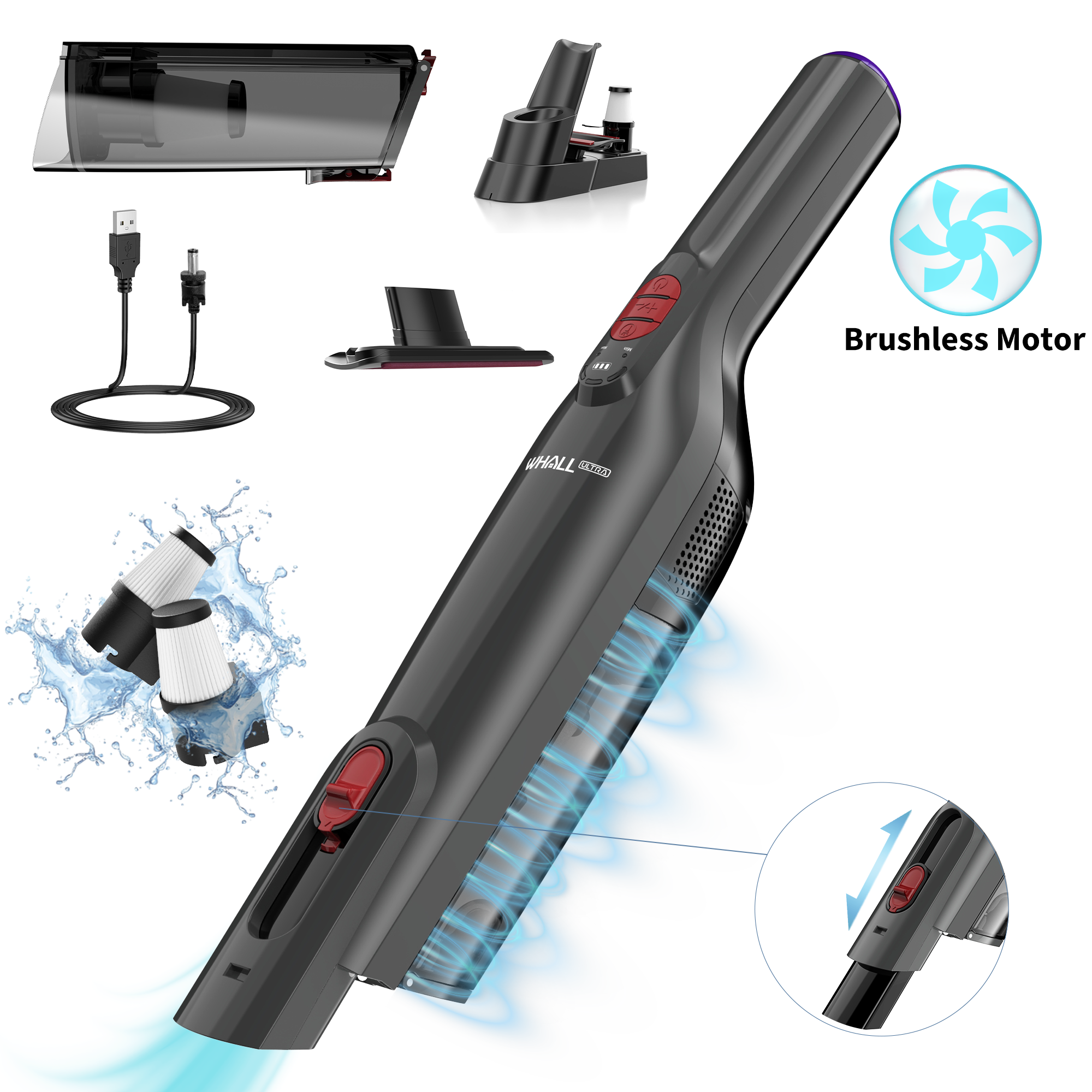 WHALLULTRA Handheld Vacuum Cleaner, Lightweight Portable Car Vacuum Cleaner, Cordless Vacuum with Charging Dock, LED Light, Multi-Accessories