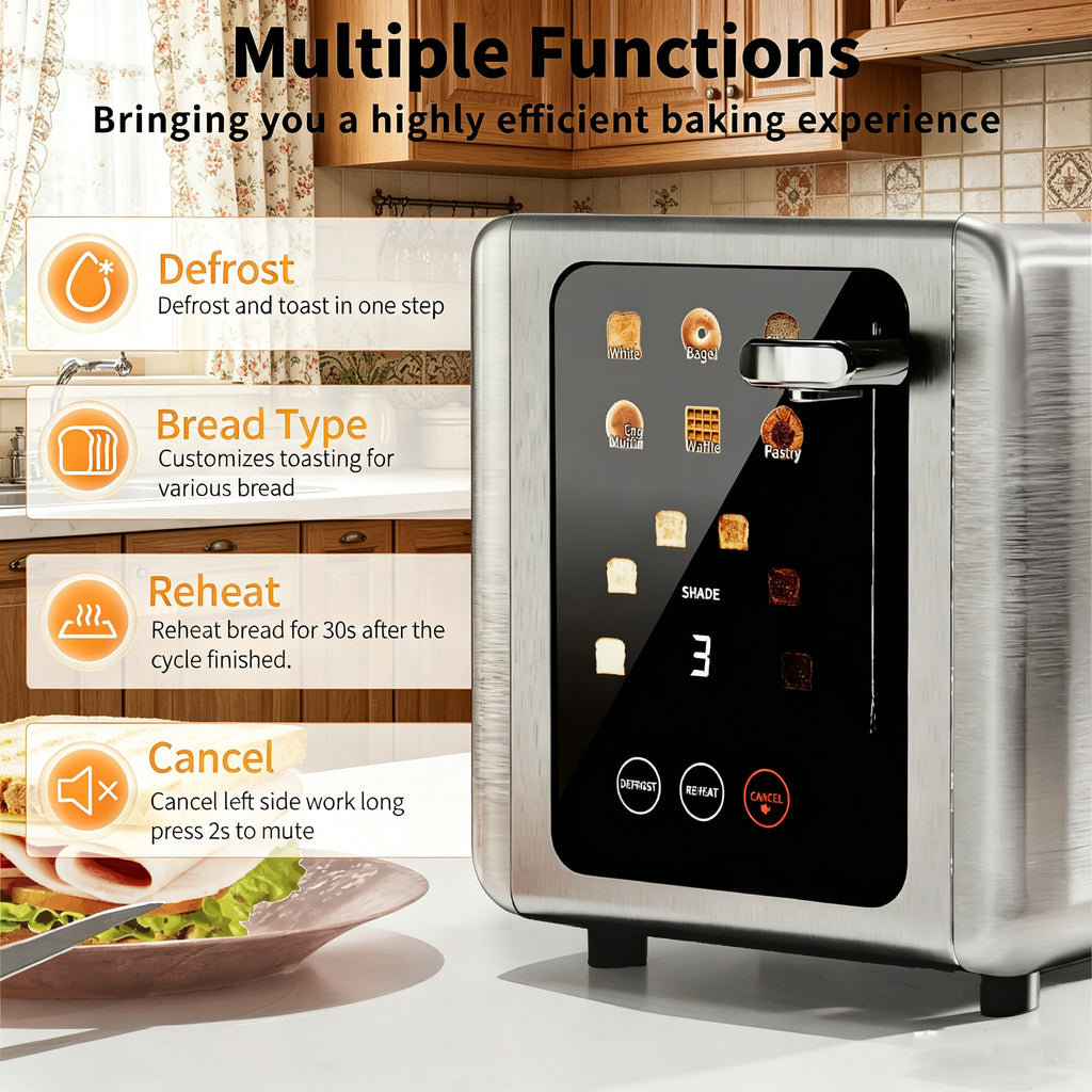 WHALLULTRA Toaster 2 slice, 6 Bread Shade Settings,Stainless Steel Toasters with Bagel,Cancel,Defrost Function,Removable Crumb Tray,sliver