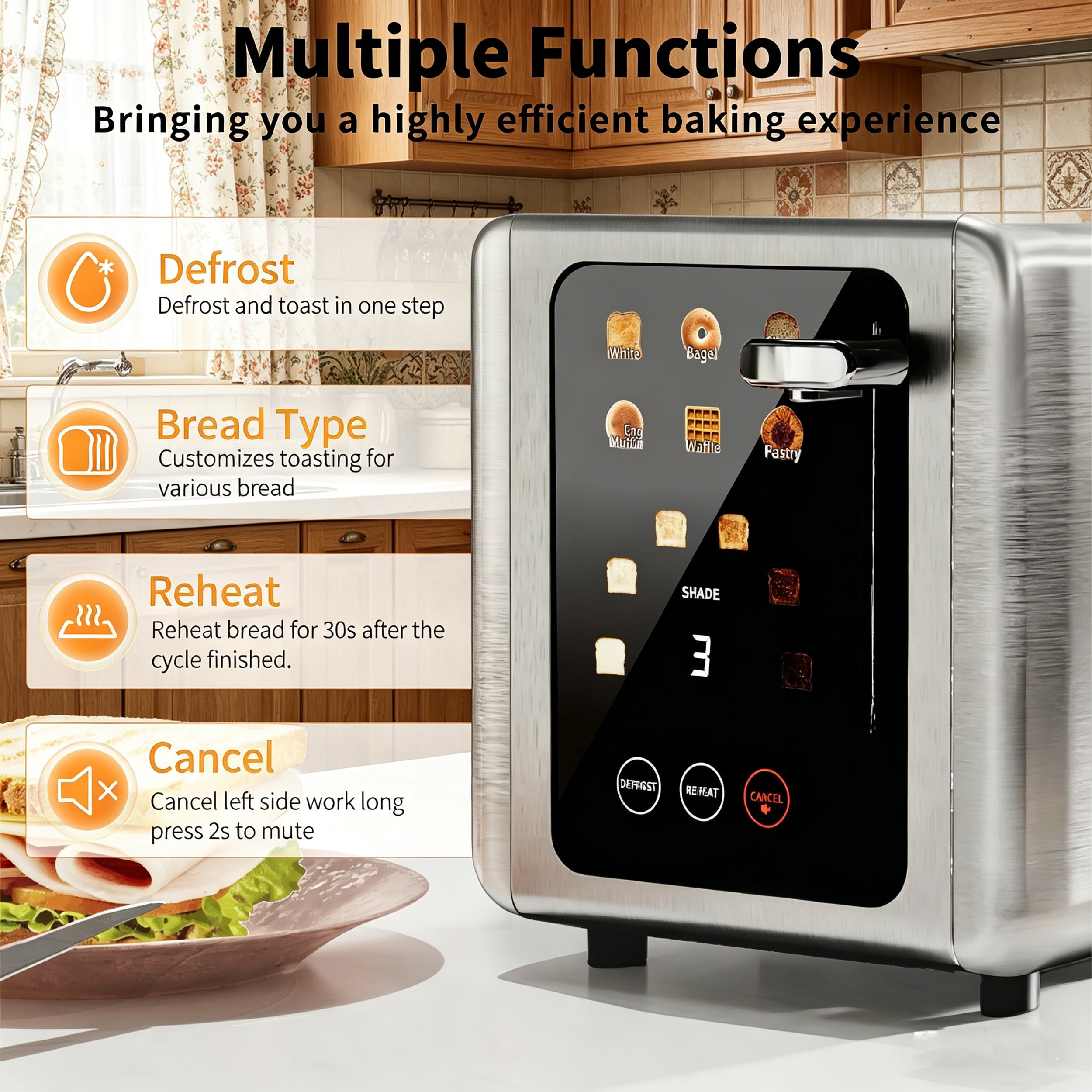 WHALLULTRA Toaster 2 slice, 6 Bread Shade Settings,Stainless Steel Toasters with Bagel,Cancel,Defrost Function,Removable Crumb Tray,sliver