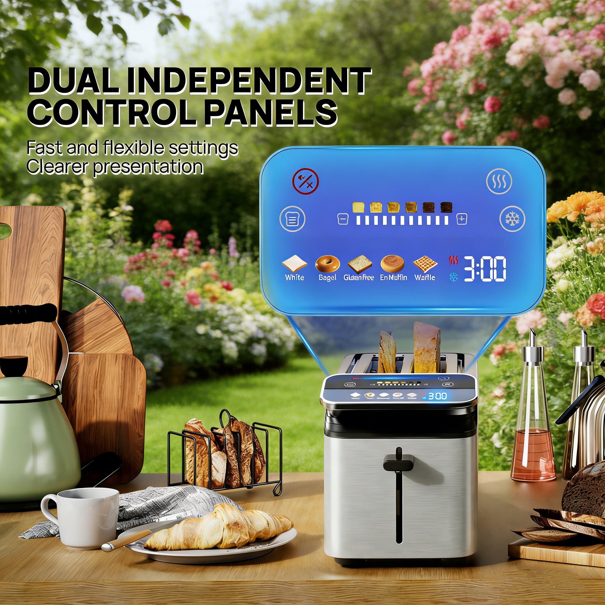 WHALLULTRA 4 Slice Long Slot Toaster, Touch Screen with Projection Display,1.5" Wide Slots, 5 Bread Types & 11 Shade Settings