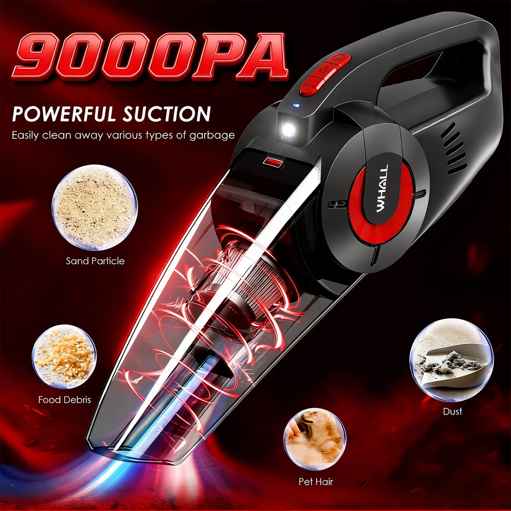 WHALLULTRA Handheld Cordless Car Vacuums, Wet and Dry Use 9KPa Strong Suction Vacuums, Rechargeable Portable Vacuum Cleaner with LED, Charging Dock, Red