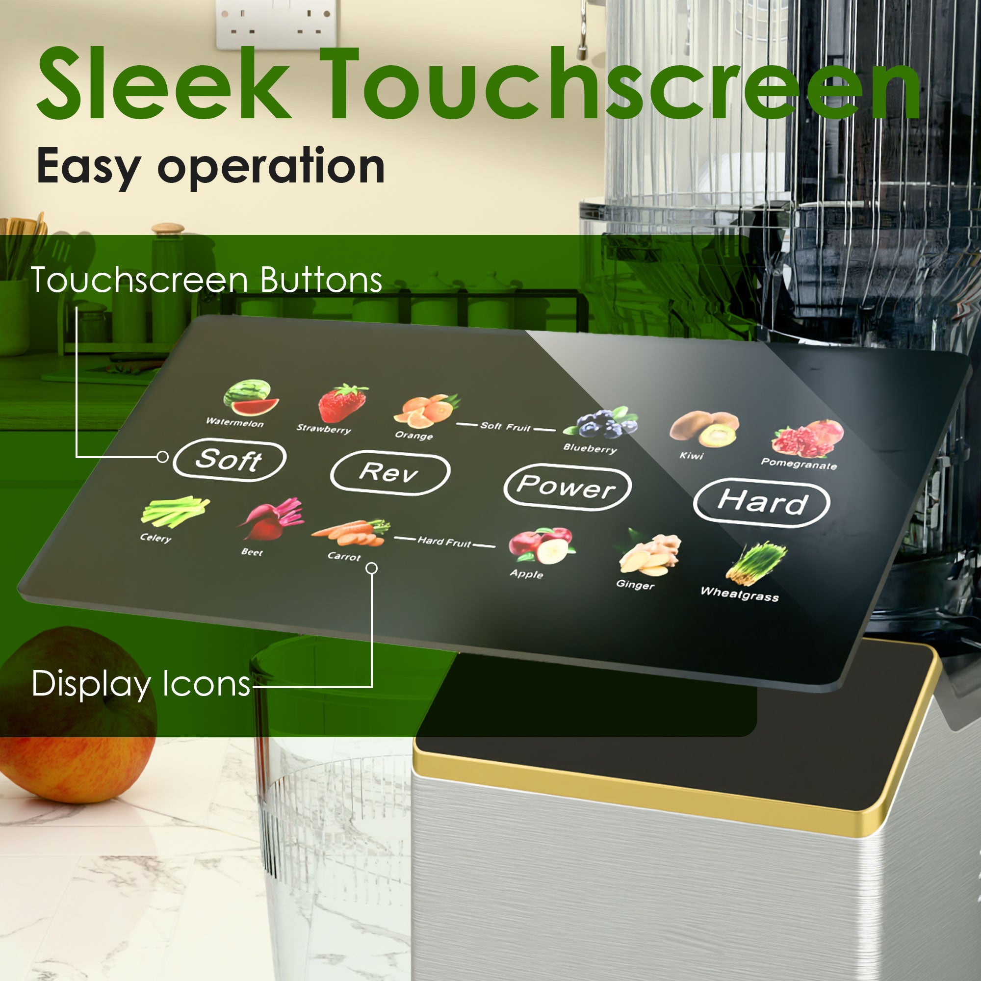 WHALLULTRA Cold Press Juicer Machine with Touchscreen, Slow Masticating Juicer with 4.5" Extra Large Feed Chute, Reverse Function, Easy to Clean