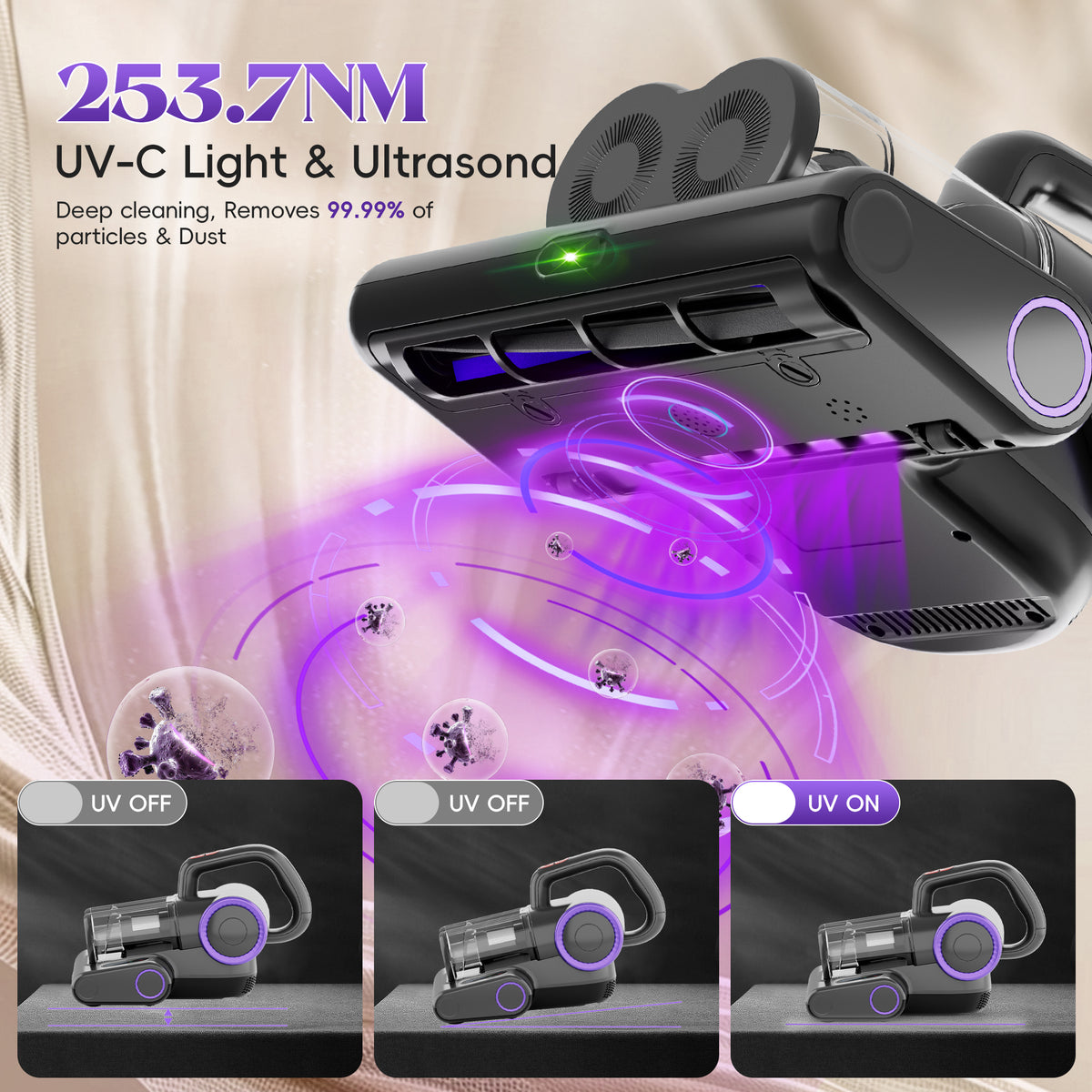 WHALLULTRA Mattress Vacuum Cleaner  with 253.7nm UV-C Light, Bed Mattress Vacuum Cleaner 16KPA , 140°F Heat, HEPA Filter & Ultrasonic, 500W Handheld Vacuum Corded for Bed, Sofa, Couch, Crib