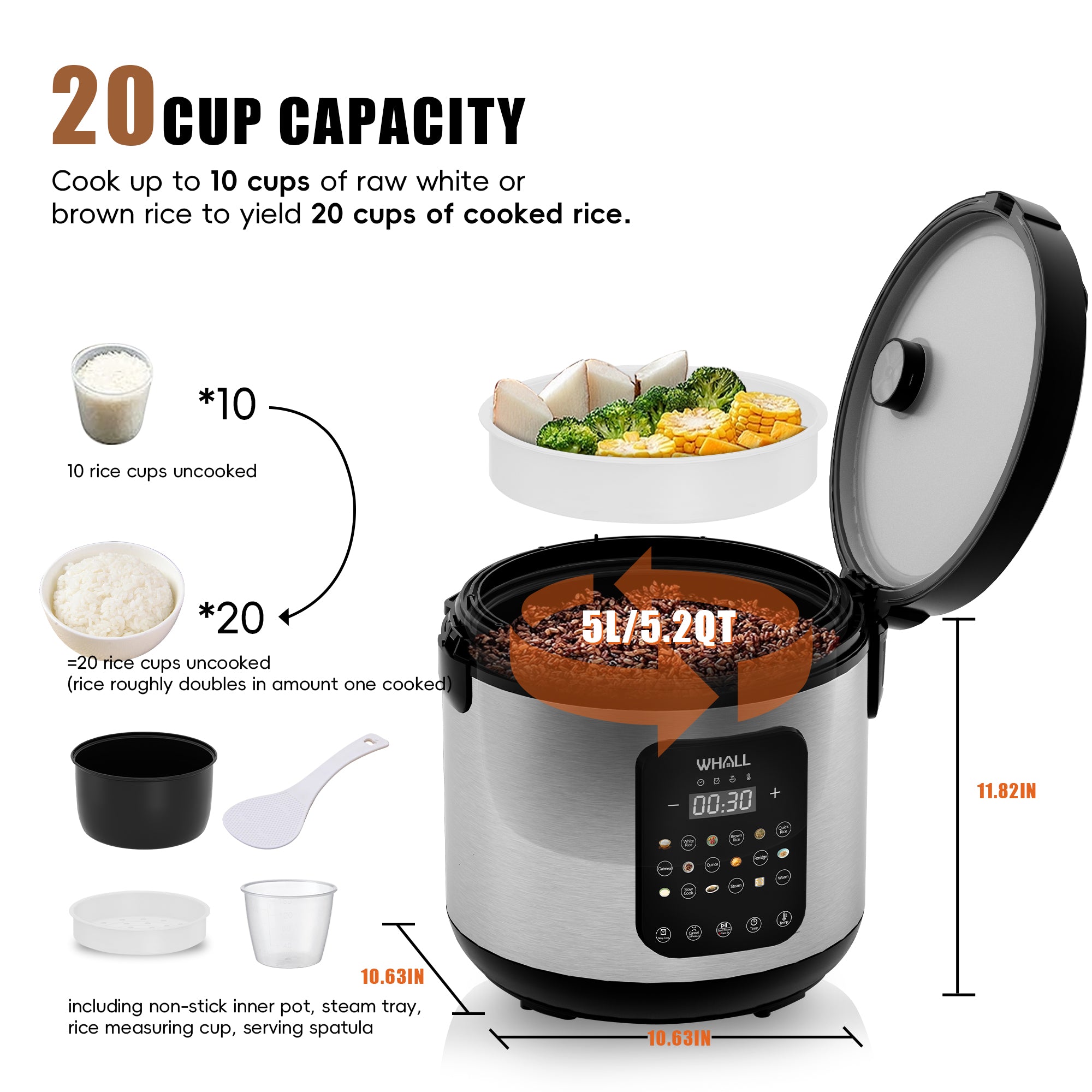 WHALLULTRA 10-Cup Digital Rice Cooker & Steamer, 20-Cup Cooked Capacity, Multi-Function with Slow Cook & Oatmeal Settings, Auto Keep Warm