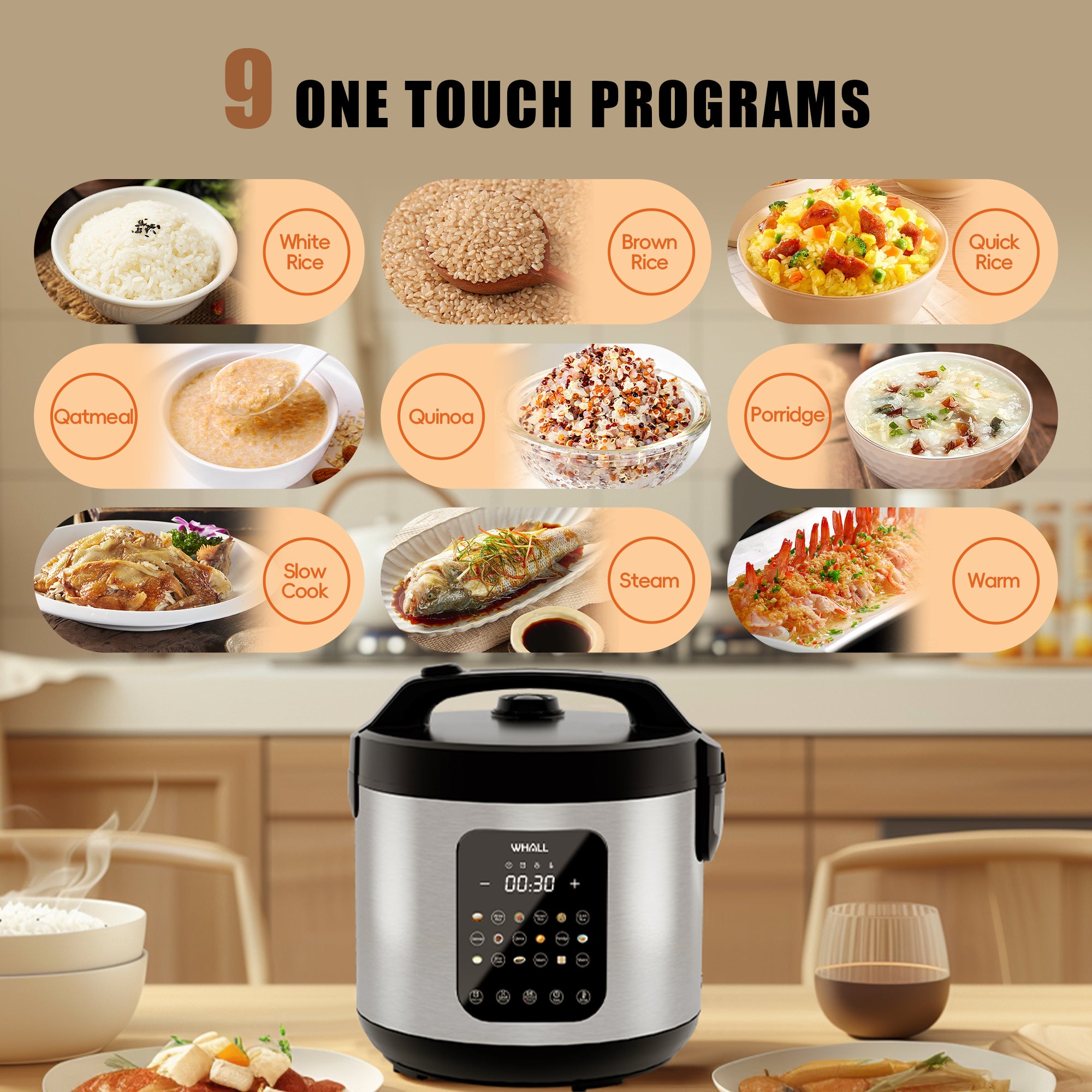 WHALLULTRA 10-Cup Digital Rice Cooker & Steamer, 20-Cup Cooked Capacity, Multi-Function with Slow Cook & Oatmeal Settings, Auto Keep Warm