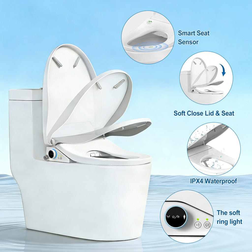 WHALLULTRA Smart Elongated Bidet Toilet Seat with Auto Open & Close, Remote Control, Heated Seat, Instant Warm Water, Warm Air Dryer, Stainless Steel Nozzle, Deodorizer & Night Light, White