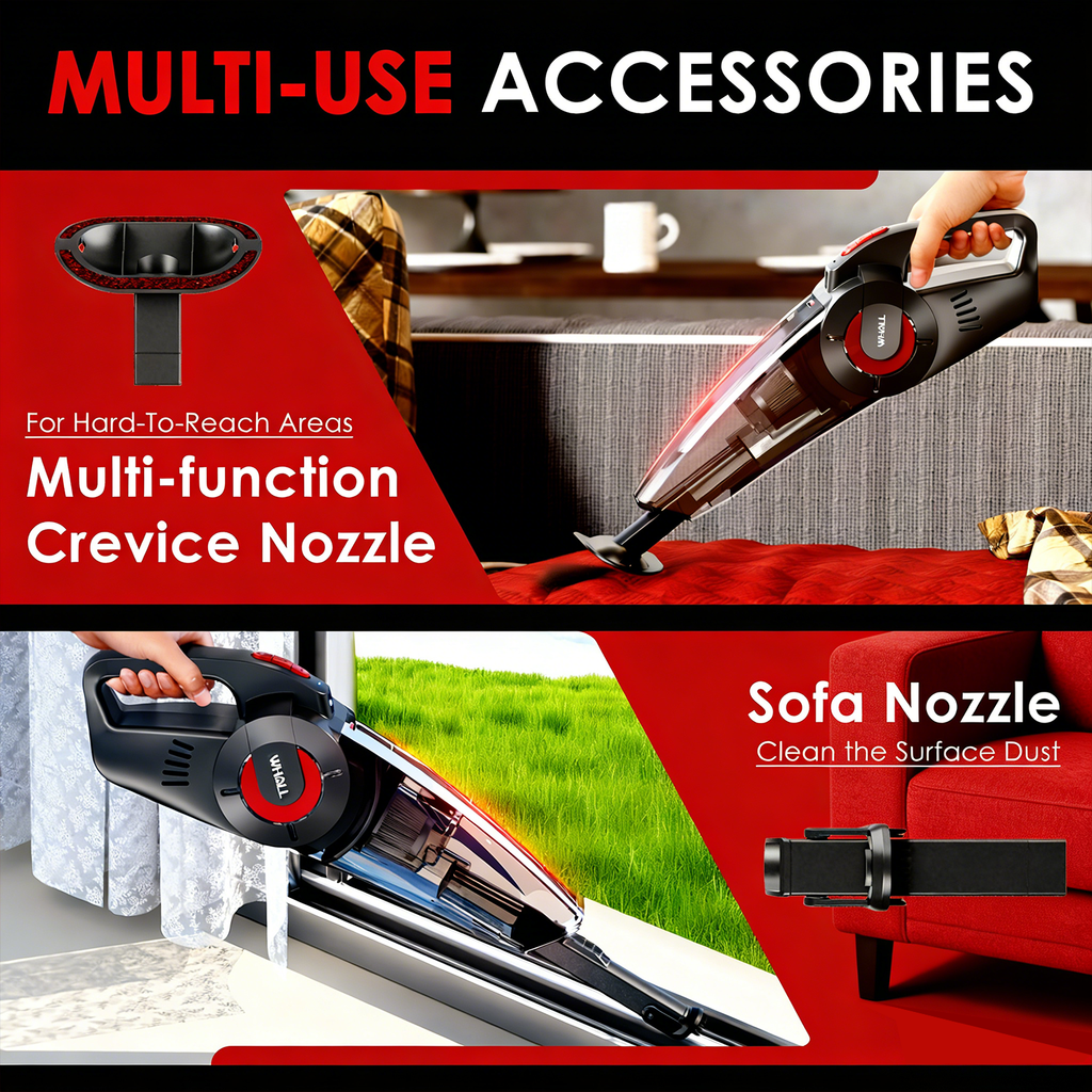 WHALLULTRA Handheld Cordless Car Vacuums, Wet and Dry Use 9KPa Strong Suction Vacuums, Rechargeable Portable Vacuum Cleaner with LED, Charging Dock, Red