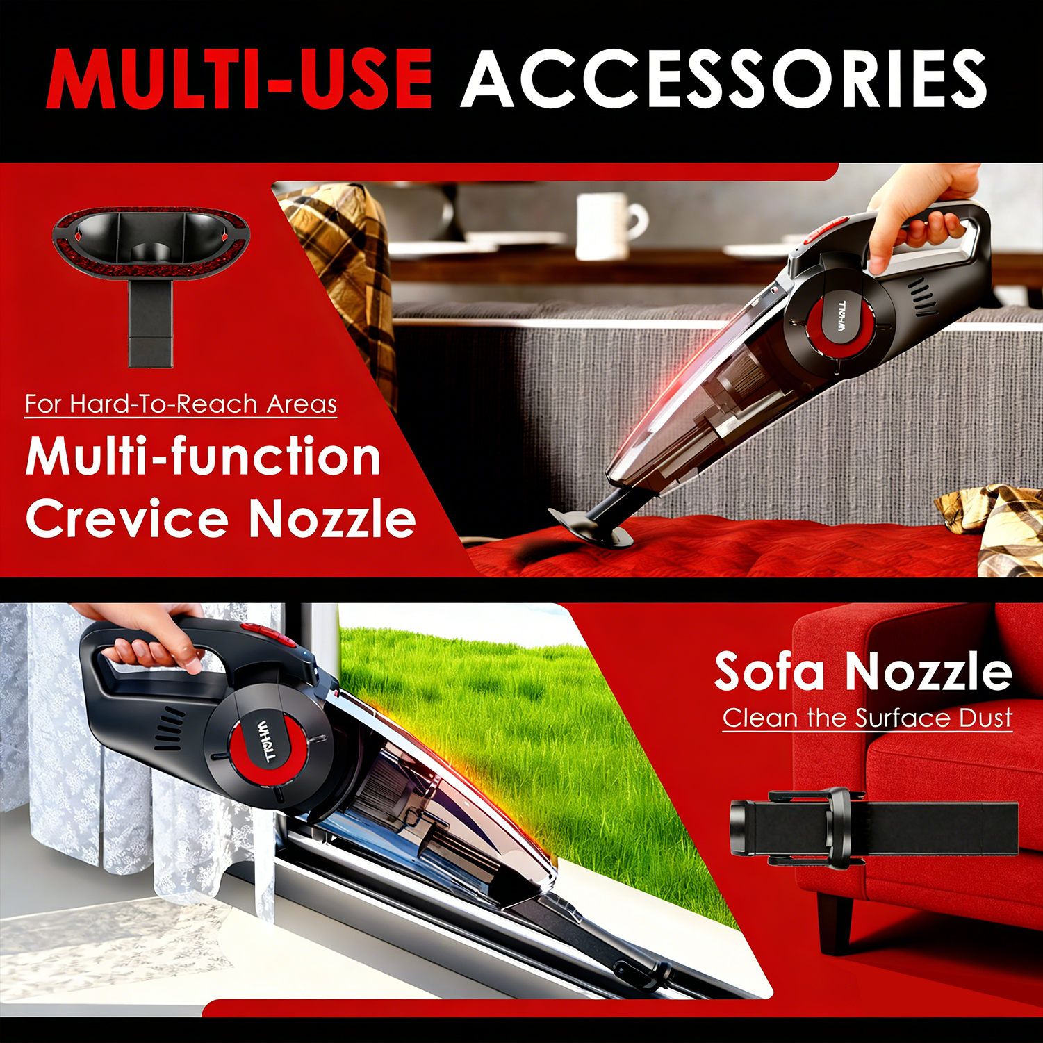 WHALLULTRA Handheld Cordless Car Vacuums, Wet and Dry Use 9KPa Strong Suction Vacuums, Rechargeable Portable Vacuum Cleaner with LED, Charging Dock, Red