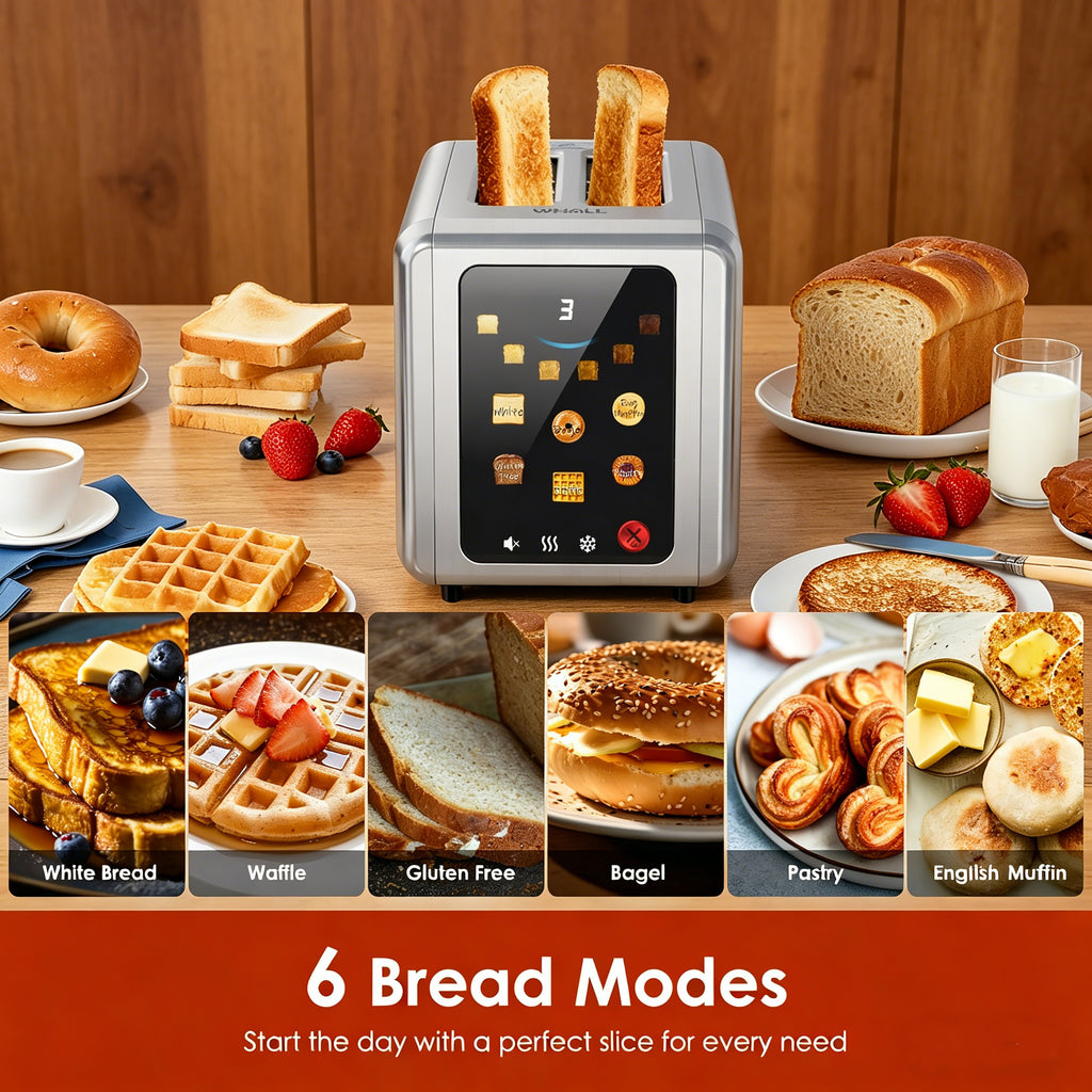 WHALLULTRA Touch Screen Toaster 2 Slice, 1.5'' Wide Slot Stainless Steel Toaster with Digital Timer, 6 Bread Types & 6 Shade Settings, Crumb Tray