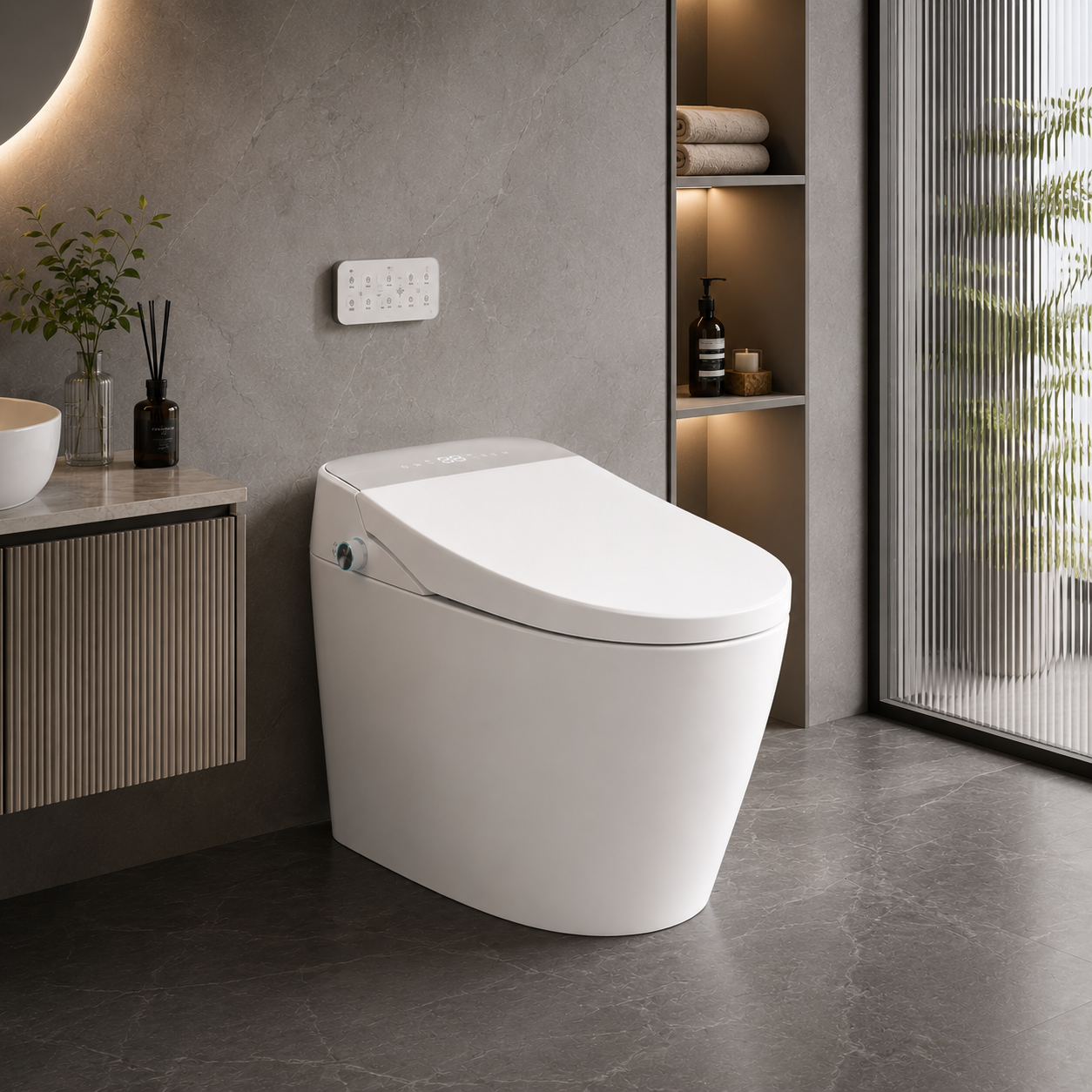WHALLULTRA Smart Toilet, One Piece Bidet Toilet with Heated Seat, Warm Water Wash, Auto Flush, Foot Sensor Operation, Warm Air Dryer, LED Display, Elongated Modern Toilet