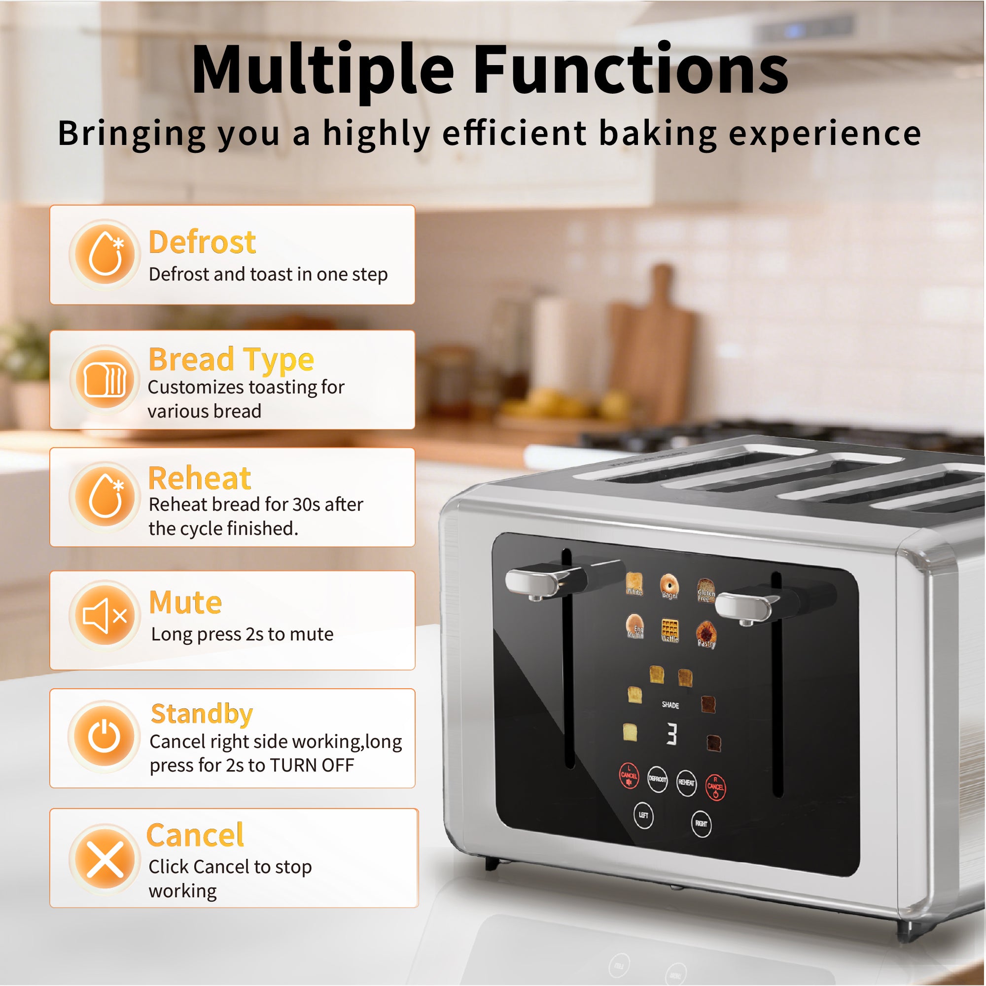 WHALLULTRA Touch Screen Toaster 4 Slice, 1.5'' Extra Wide Slot Smart Toaster with Digital Timer,6 Bread Types & 6 Shade Settings