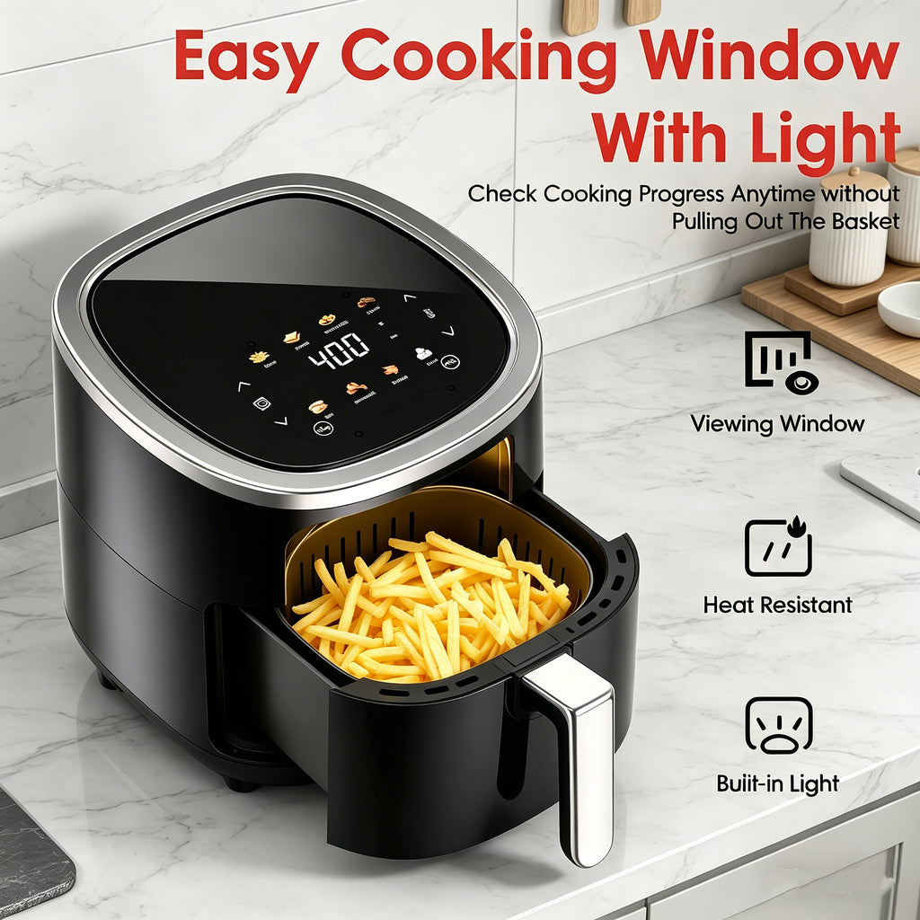 WHALLULTRA 4.0QT Air Fryer, Smart Digital Color Touchscreen Air Fryers with View Window, 12 Presets, Air Fry, Bake, Broil, Dehydrate, Roast, Reheat - Black