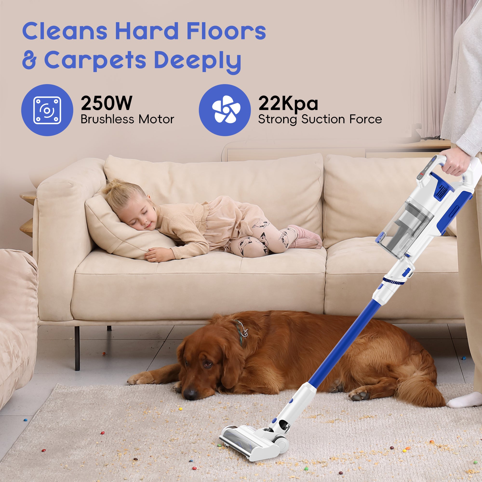 Whall Ultra Stick Cordless Vacuum Cleaner with Brushless Motor & 2500mAh Battery, Rechargeable Cordless Vacuum for Home Carpet and Hard Floor