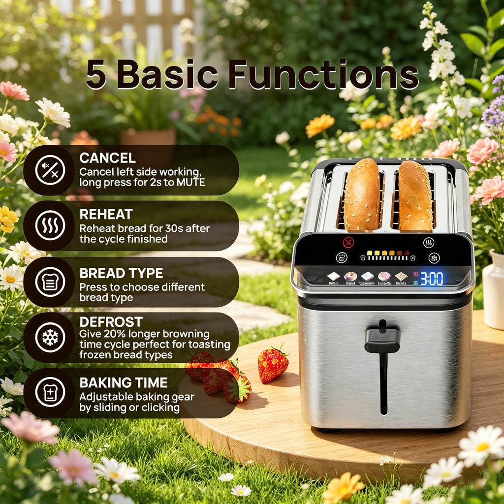 WHALLULTRA Stainless Steel 2-Slice Smart Toaster with Touchscreen, Digital Timer, Extra-Wide Slots, Defrost/Reheat/Bread Type Functions, Warming Rack