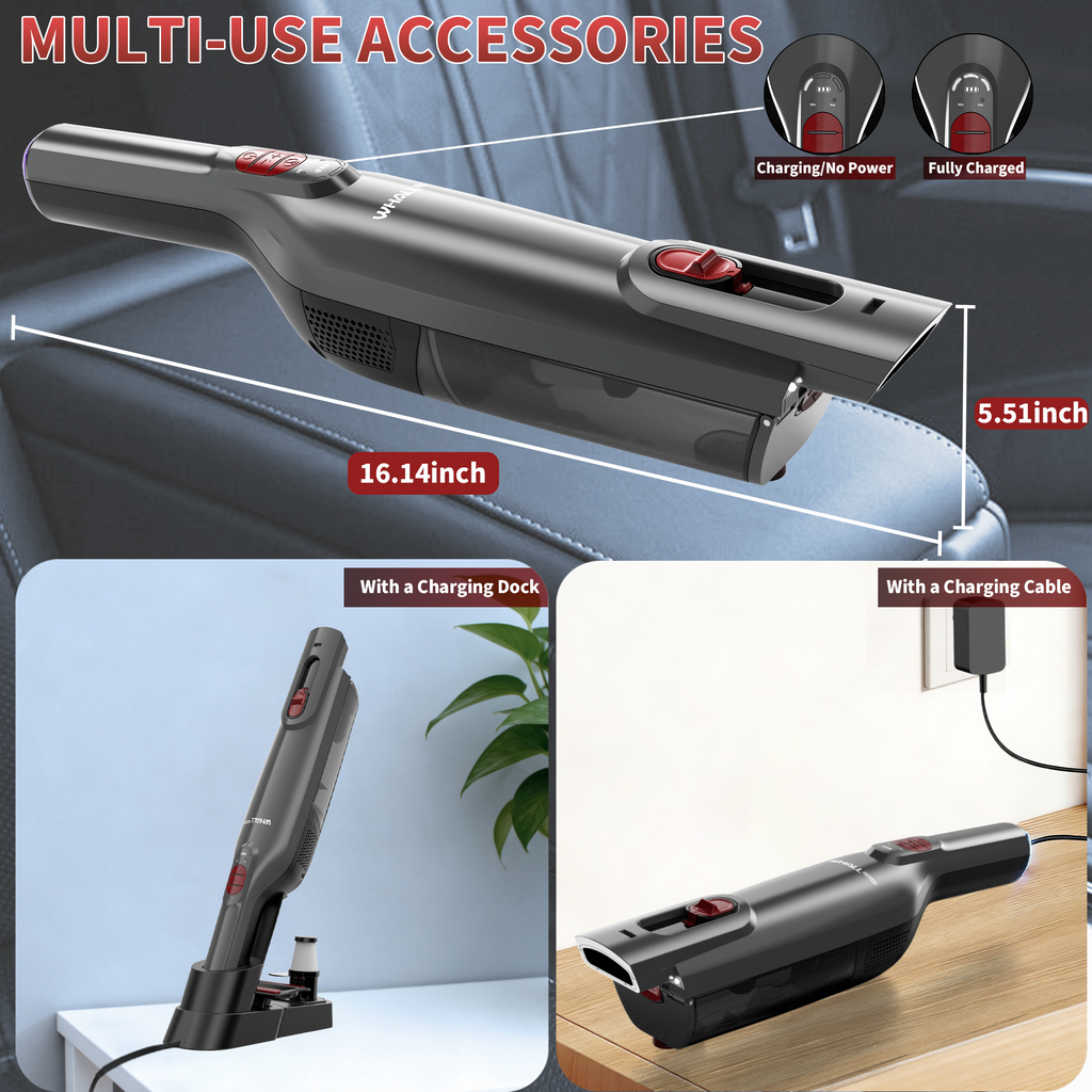 WHALLULTRA Handheld Vacuum Cleaner, Lightweight Portable Car Vacuum Cleaner, Cordless Vacuum with Charging Dock, LED Light, Multi-Accessories