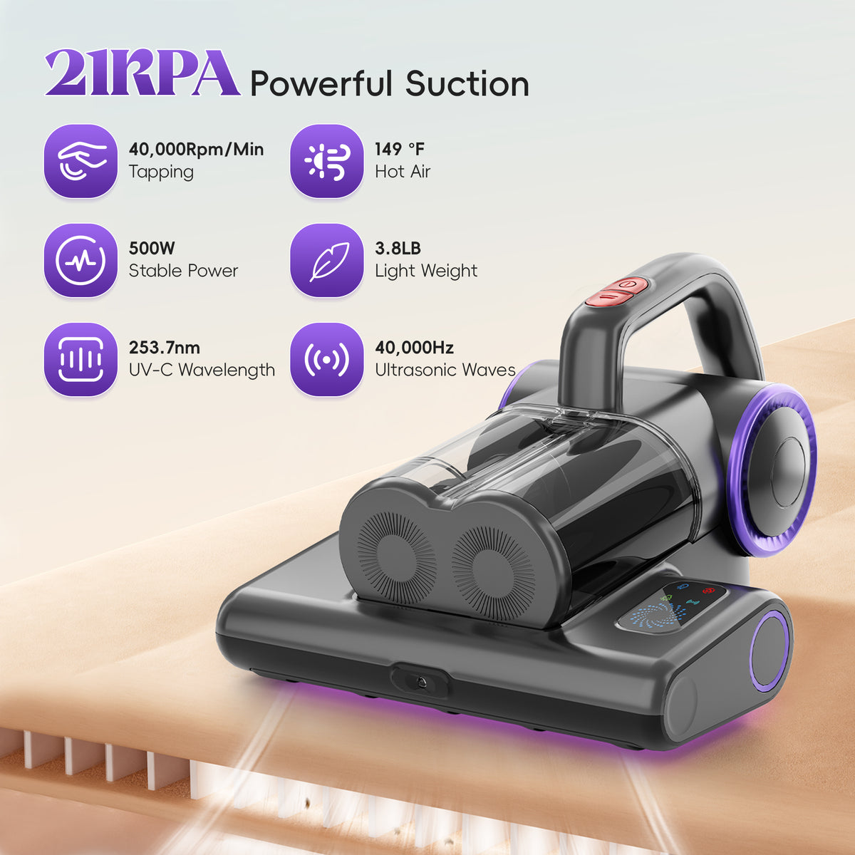 WHALLULTRA Mattress Vacuum Cleaner  with 253.7nm UV-C Light, Bed Mattress Vacuum Cleaner 16KPA , 140°F Heat, HEPA Filter & Ultrasonic, 500W Handheld Vacuum Corded for Bed, Sofa, Couch, Crib