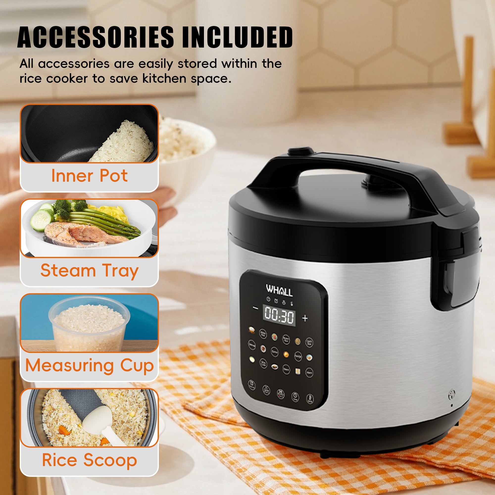 WHALLULTRA 10-Cup Digital Rice Cooker & Steamer, 20-Cup Cooked Capacity, Multi-Function with Slow Cook & Oatmeal Settings, Auto Keep Warm