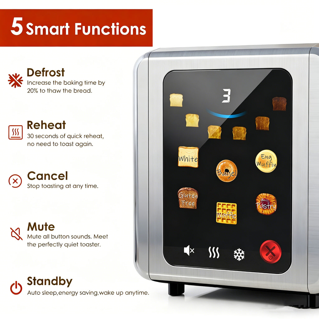 WHALLULTRA Touch Screen Toaster 2 Slice, 1.5'' Wide Slot Stainless Steel Toaster with Digital Timer, 6 Bread Types & 6 Shade Settings, Crumb Tray