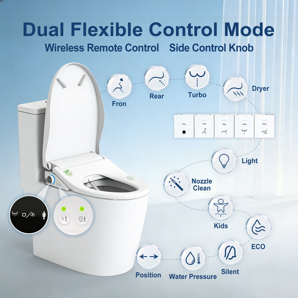 WHALLULTRA Smart Elongated Bidet Toilet Seat with Auto Open & Close, Remote Control, Heated Seat, Instant Warm Water, Warm Air Dryer, Stainless Steel Nozzle, Deodorizer & Night Light, White