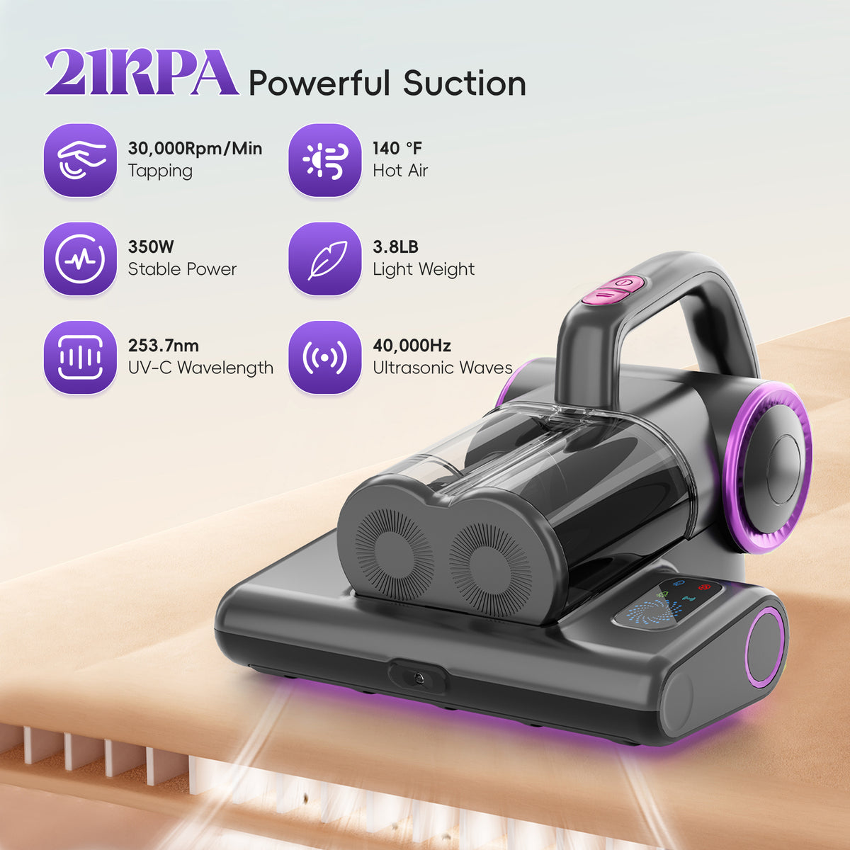 WHALLULTRA UV Mattress Vacuum Cleaner, Handheld Corded Bed Vacuum with HEPA Filter, Ultrasonic, for Mattress, Sofa, Crib Cleaning