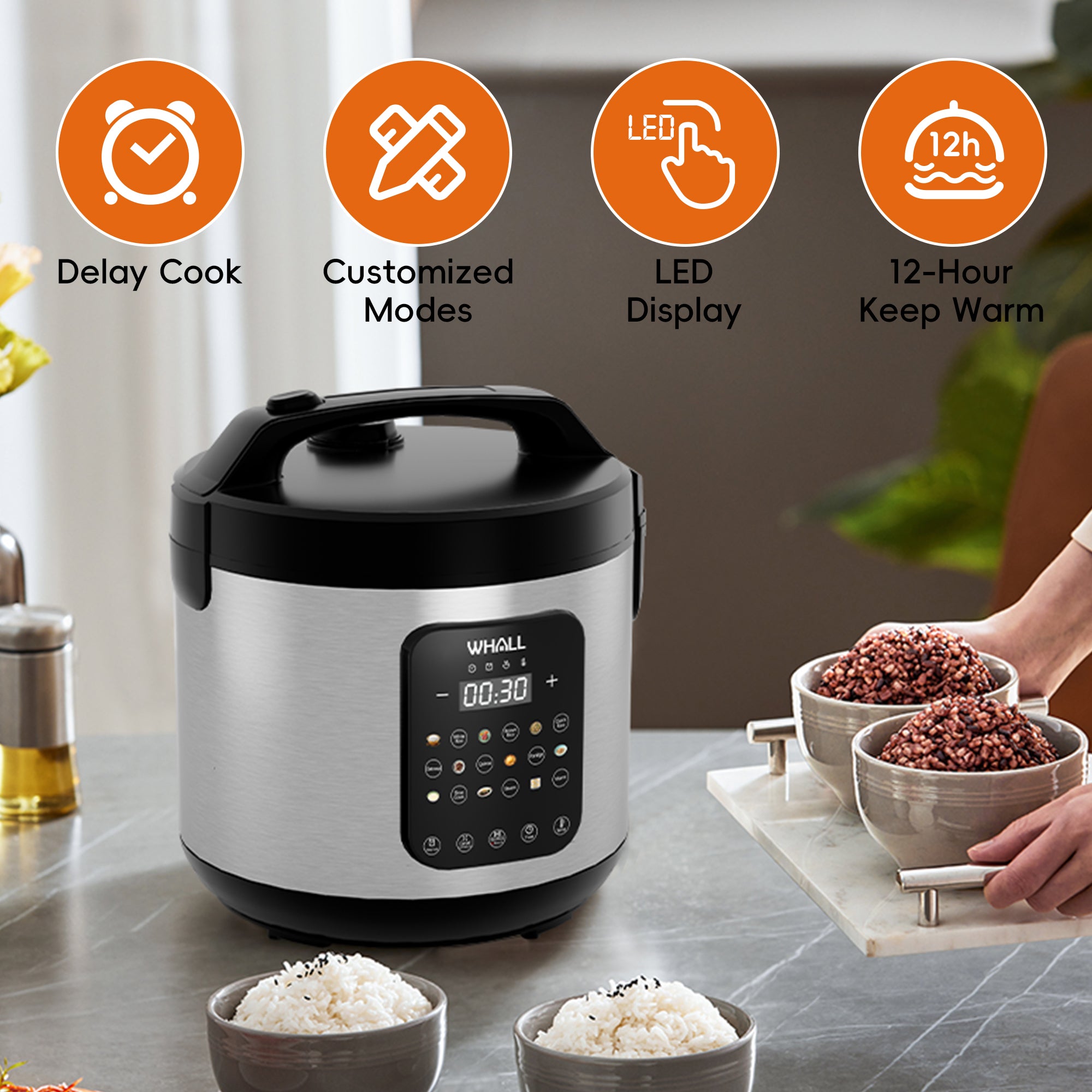 WHALLULTRA 10-Cup Digital Rice Cooker & Steamer, 20-Cup Cooked Capacity, Multi-Function with Slow Cook & Oatmeal Settings, Auto Keep Warm