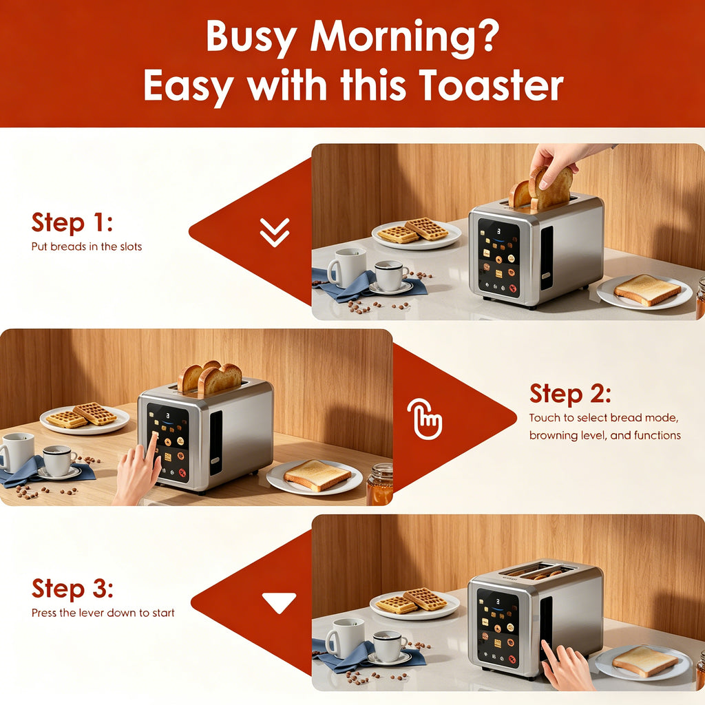 WHALLULTRA Touch Screen Toaster 2 Slice, 1.5'' Wide Slot Stainless Steel Toaster with Digital Timer, 6 Bread Types & 6 Shade Settings, Crumb Tray