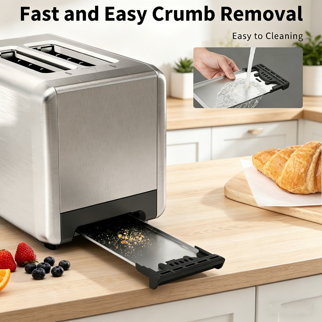 WHALLULTRA 2 Slice Stainless Steel Toaster, 5 Basic Functions with Bagel, Cancel, Defrost & Removable Crumb Tray, Silver