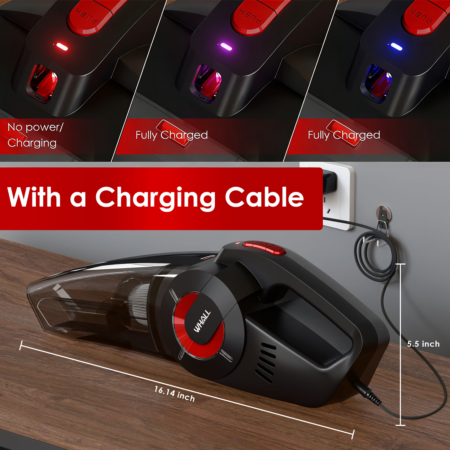 WHALLULTRA Handheld Cordless Car Vacuums, Wet and Dry Use 9KPa Strong Suction Vacuums, Rechargeable Portable Vacuum Cleaner with LED, Charging Dock, Red
