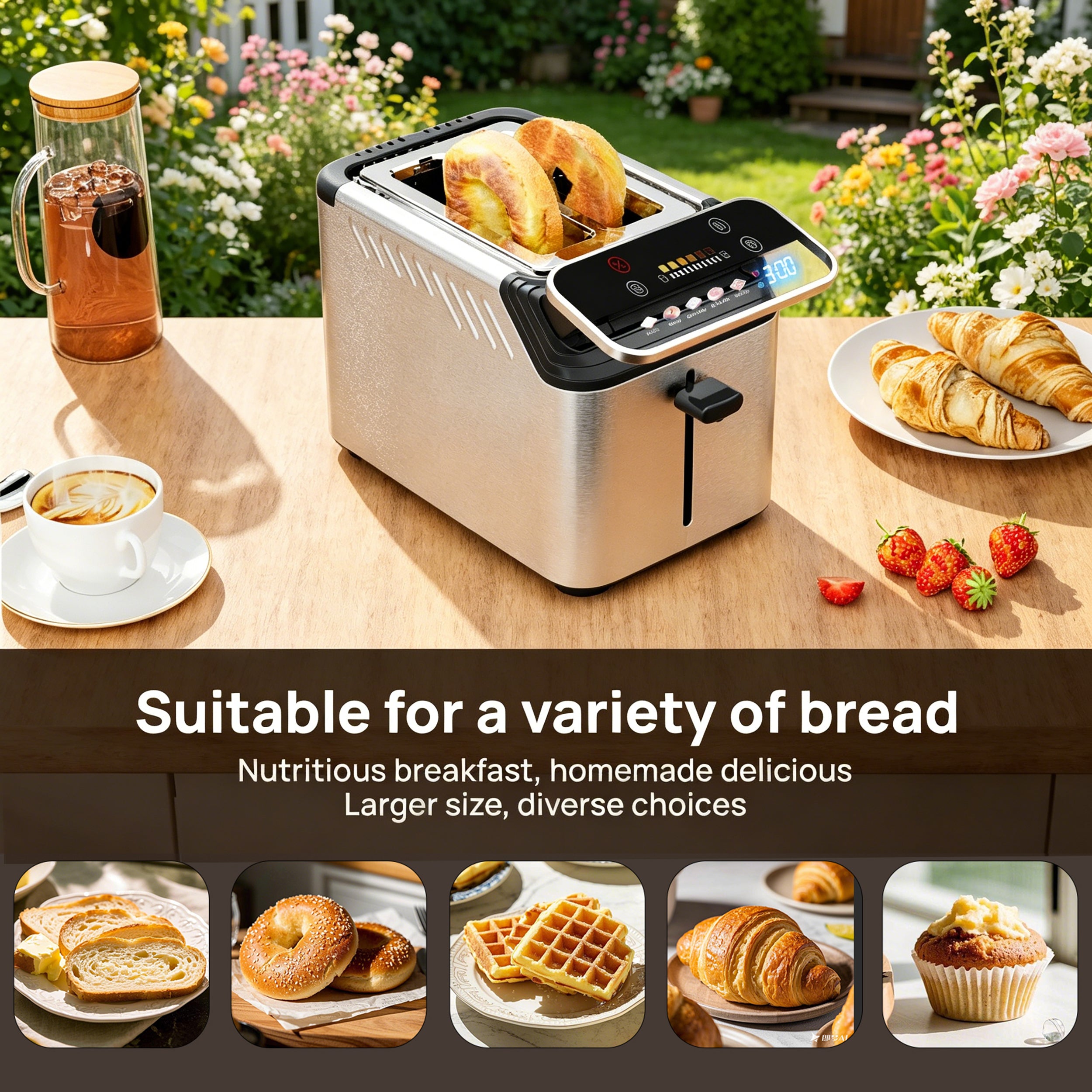 WHALLULTRA Stainless Steel 2-Slice Smart Toaster with Touchscreen, Digital Timer, Extra-Wide Slots, Defrost/Reheat/Bread Type Functions, Warming Rack