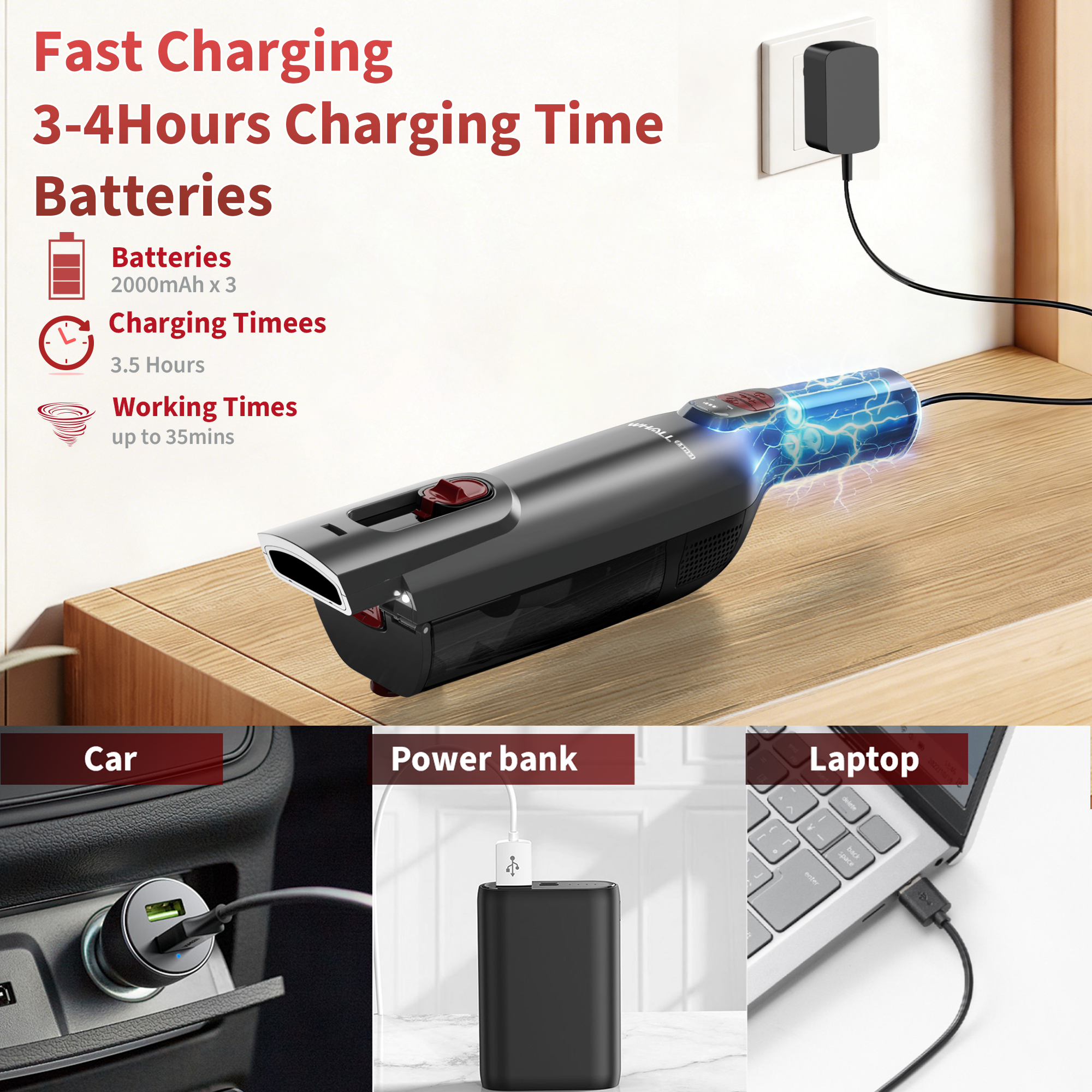 WHALLULTRA Handheld Vacuum Cleaner, Lightweight Portable Car Vacuum Cleaner, Cordless Vacuum with Charging Dock, LED Light, Strong Suction for Office Home