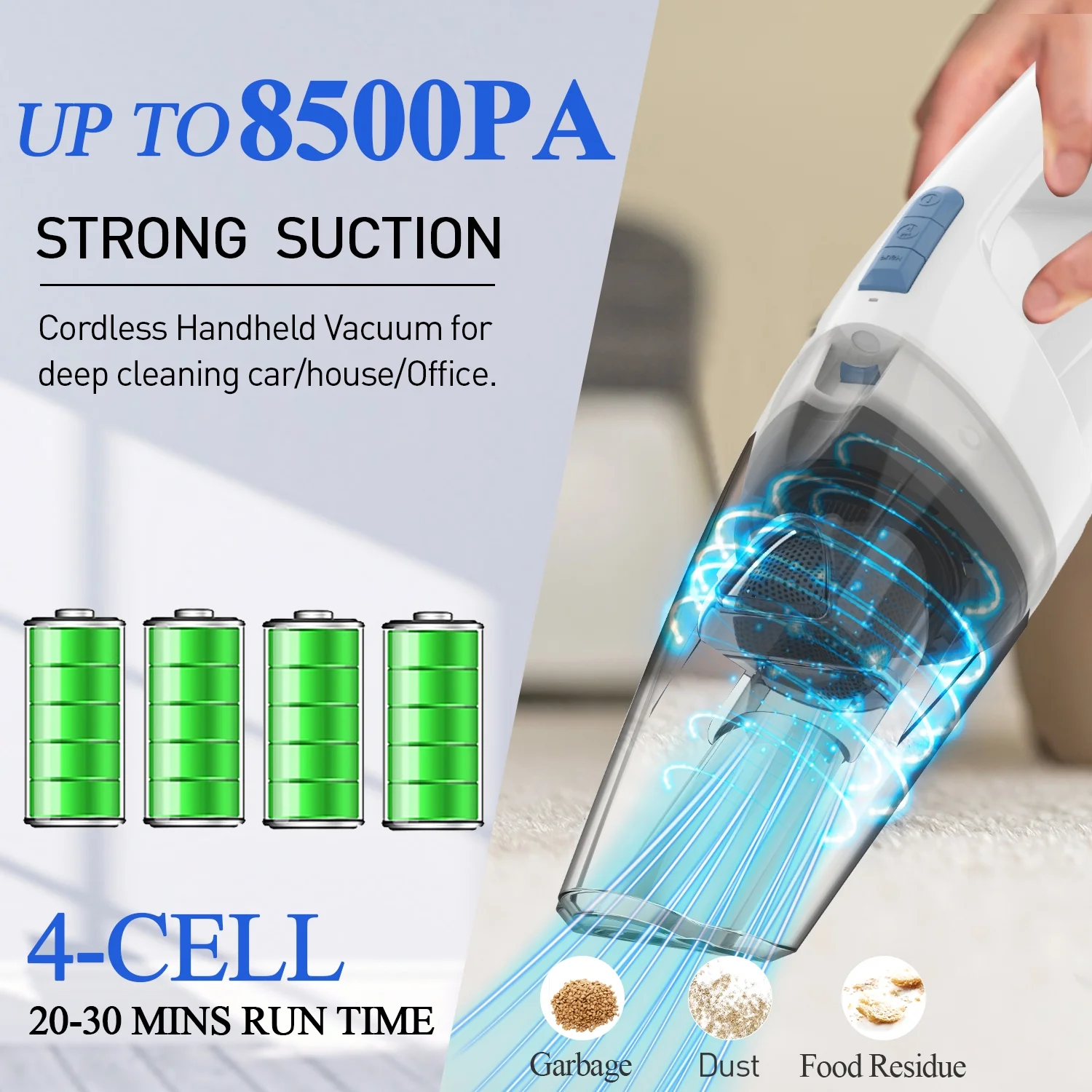 WHALLULTRA Handheld Vacuum Cleaner, 8500PA Suction, Wet Dry Vacuum Cleaner Cordless with LED Light, Portable Car Vacuum Cleaner for Home & Office