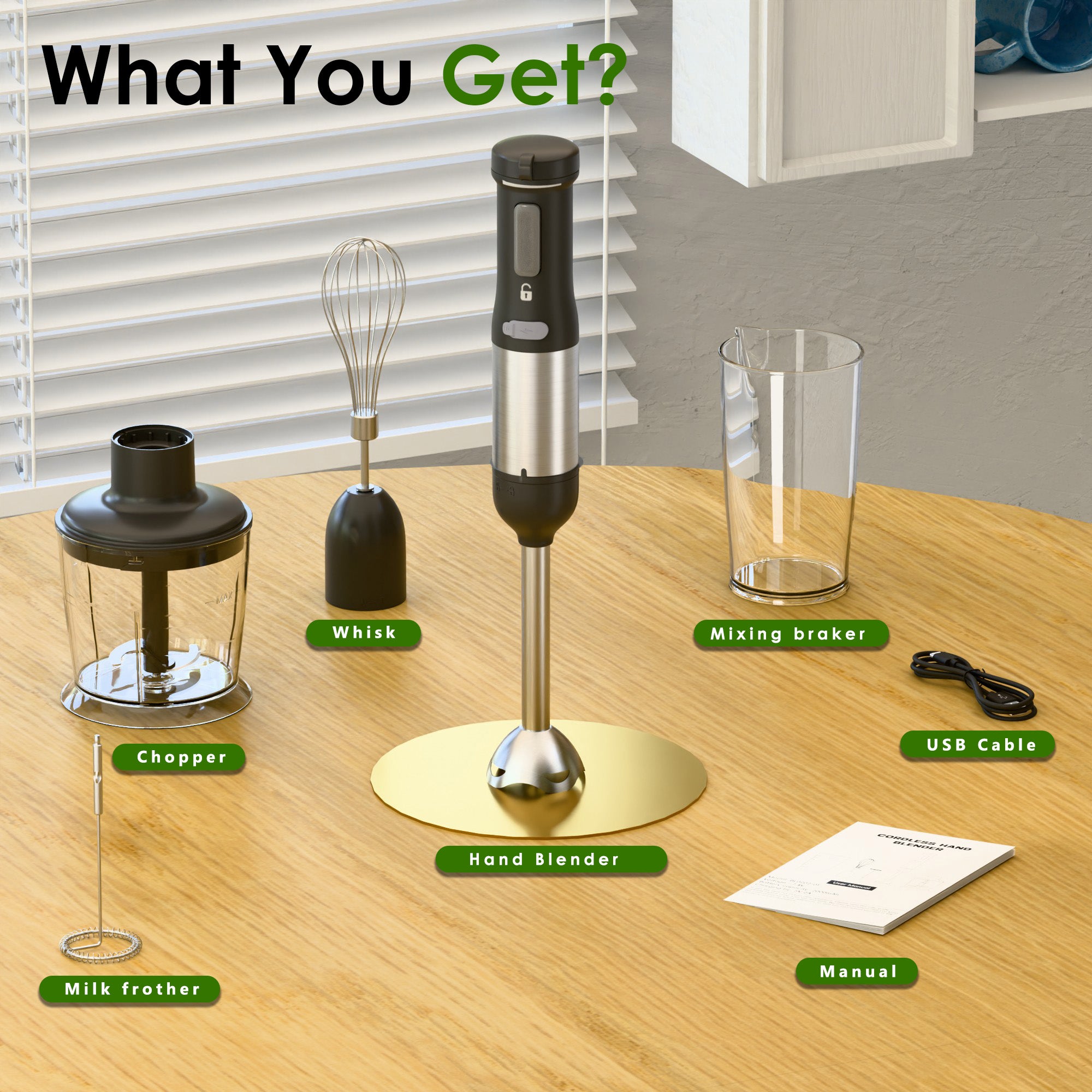 WHALLULTRA - 5-in-1 Cordless Immersion Hand Blender - Variable Speed, Rechargeable Handheld Blender for Smoothies