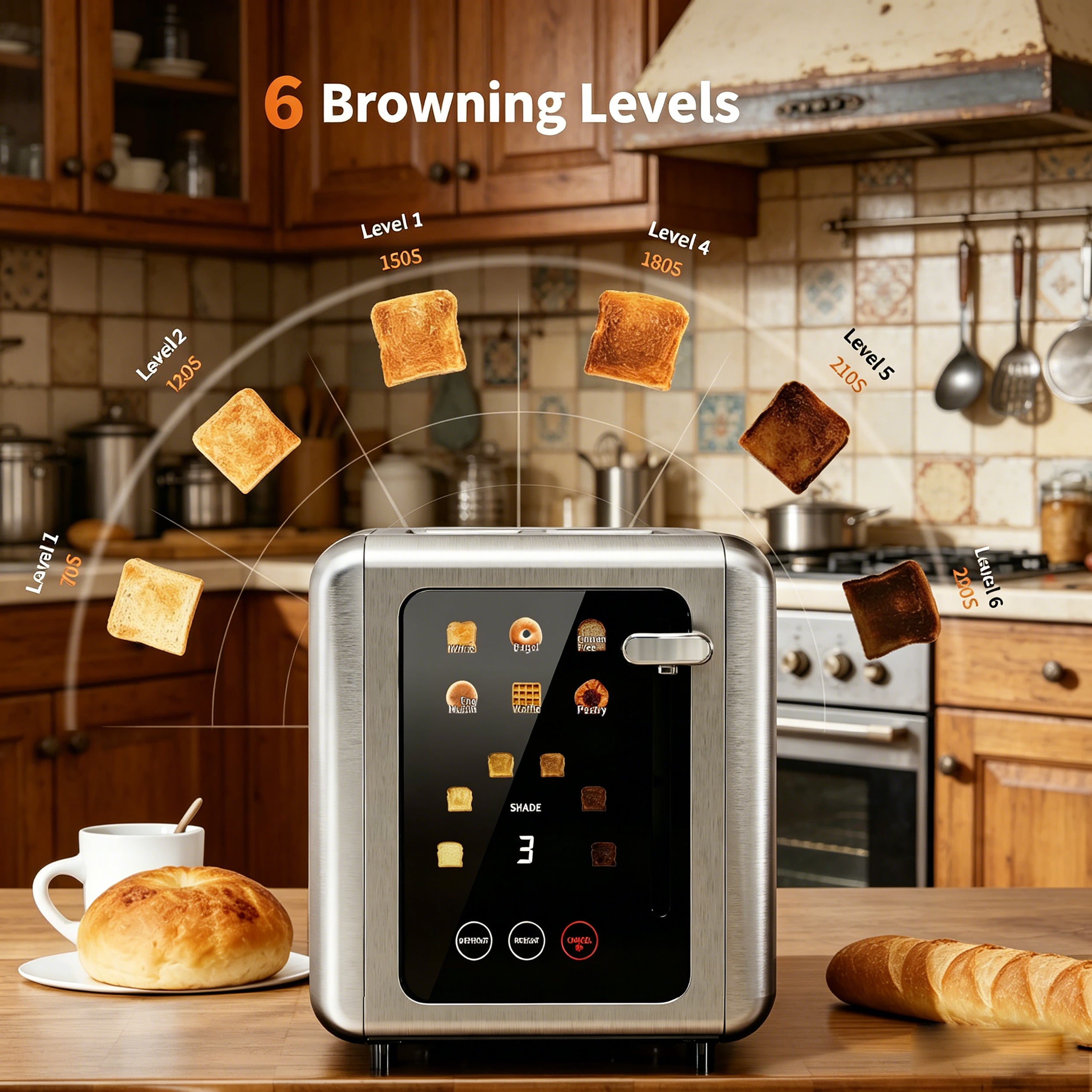 WHALLULTRA 2 Slice Stainless Steel Toaster, 5 Basic Functions with Bagel, Cancel, Defrost & Removable Crumb Tray, Silver