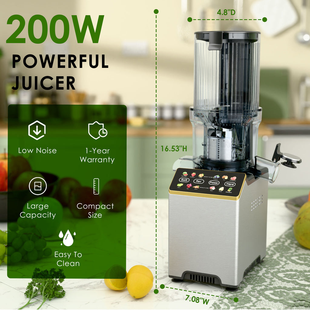 WHALLULTRA Cold Press Juicer Machine with Touchscreen, Slow Masticating Juicer with 4.5" Extra Large Feed Chute, Reverse Function, Easy to Clean