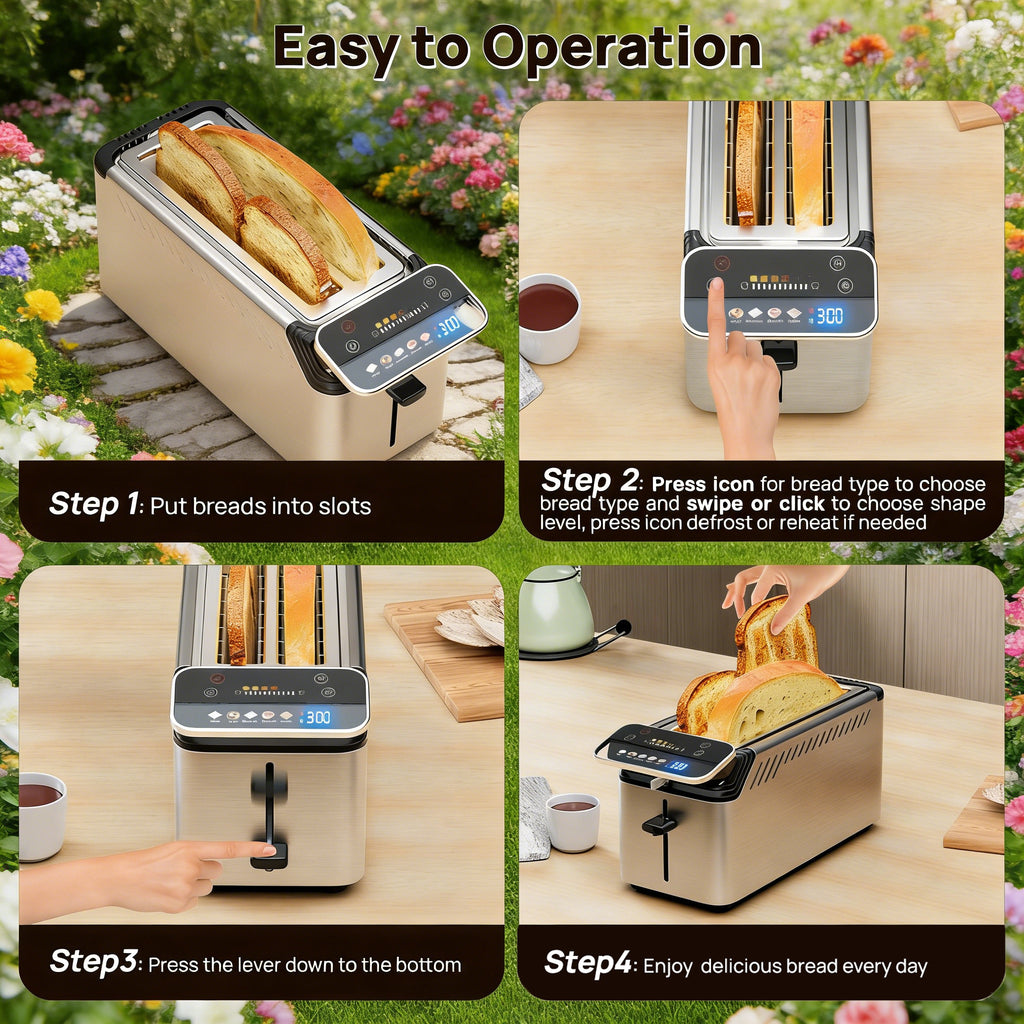 WHALLULTRA 4 Slice Long Slot Toaster, Touch Screen with Projection Display,1.5" Wide Slots, 5 Bread Types & 11 Shade Settings
