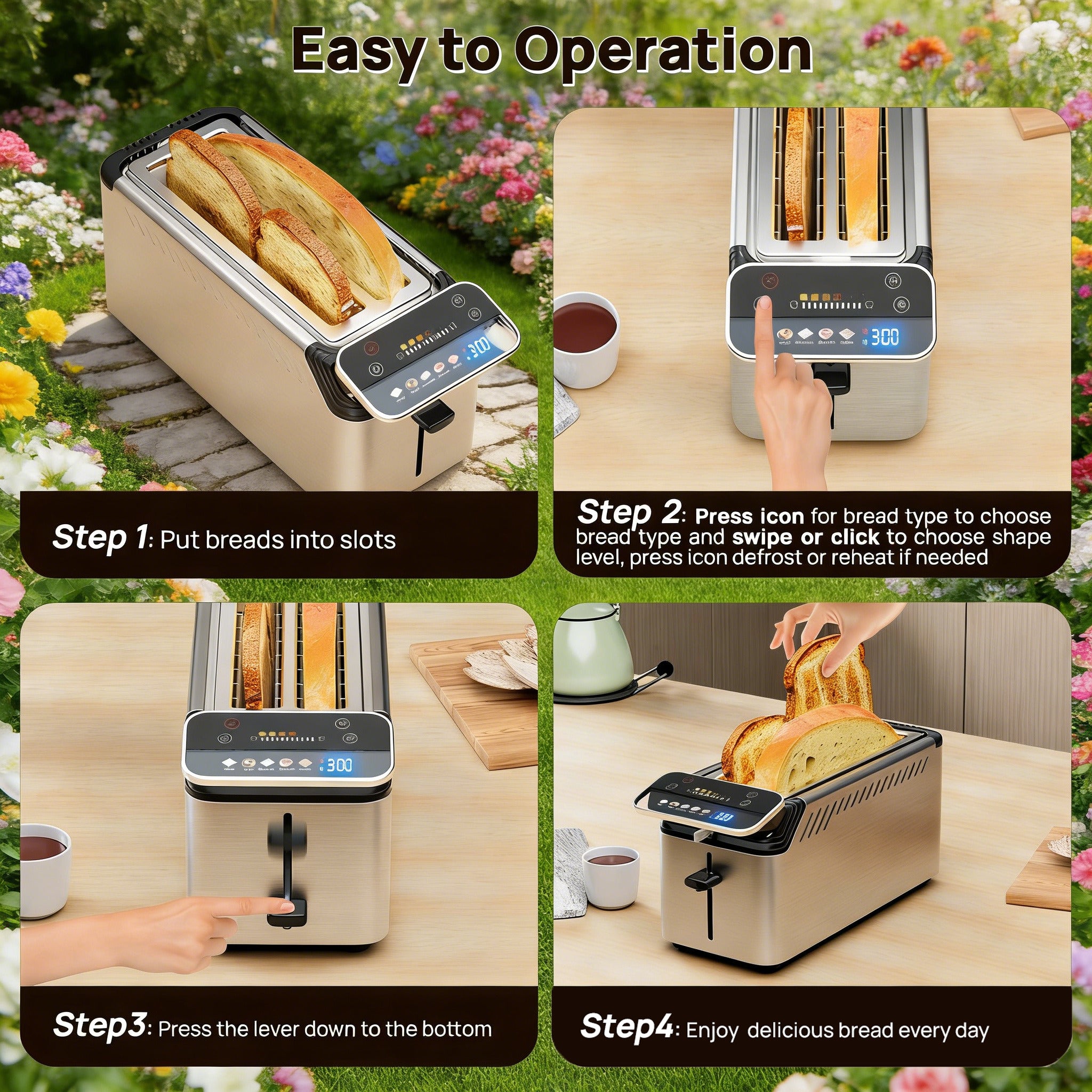 WHALLULTRA 4 Slice Long Slot Toaster, Touch Screen with Projection Display,1.5" Wide Slots, 5 Bread Types & 11 Shade Settings