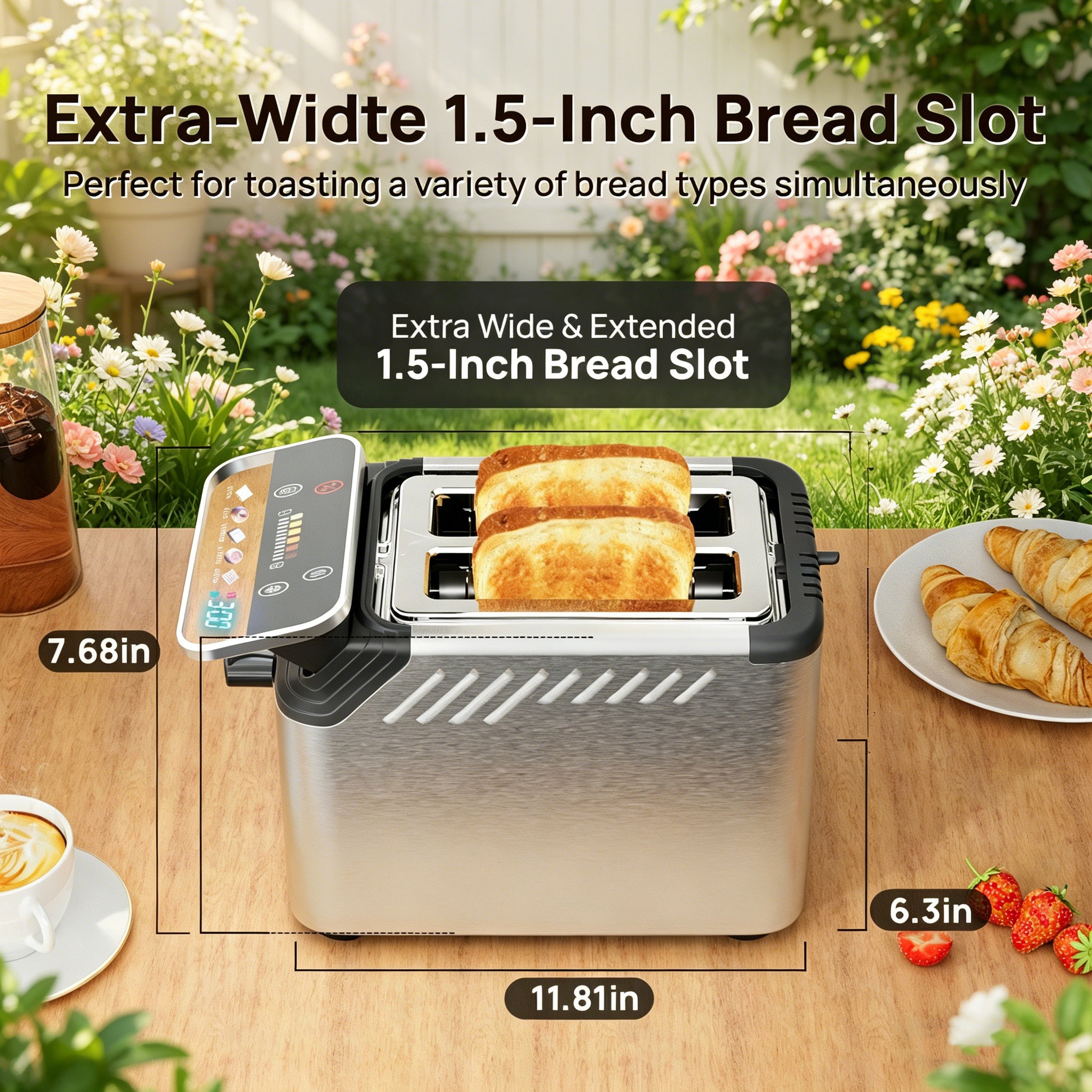 WHALLULTRA Stainless Steel 2-Slice Smart Toaster with Touchscreen, Digital Timer, Extra-Wide Slots, Defrost/Reheat/Bread Type Functions, Warming Rack