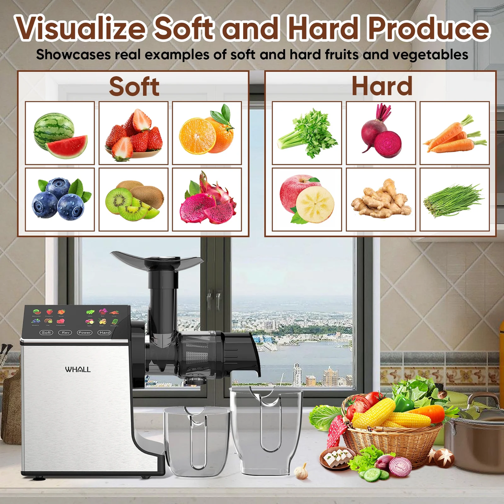 WHALLPRO Cold Press Juicer Machine, Wide Feed Chute, High Juice Yield, Stainless Steel Masticating Juicer - Silver