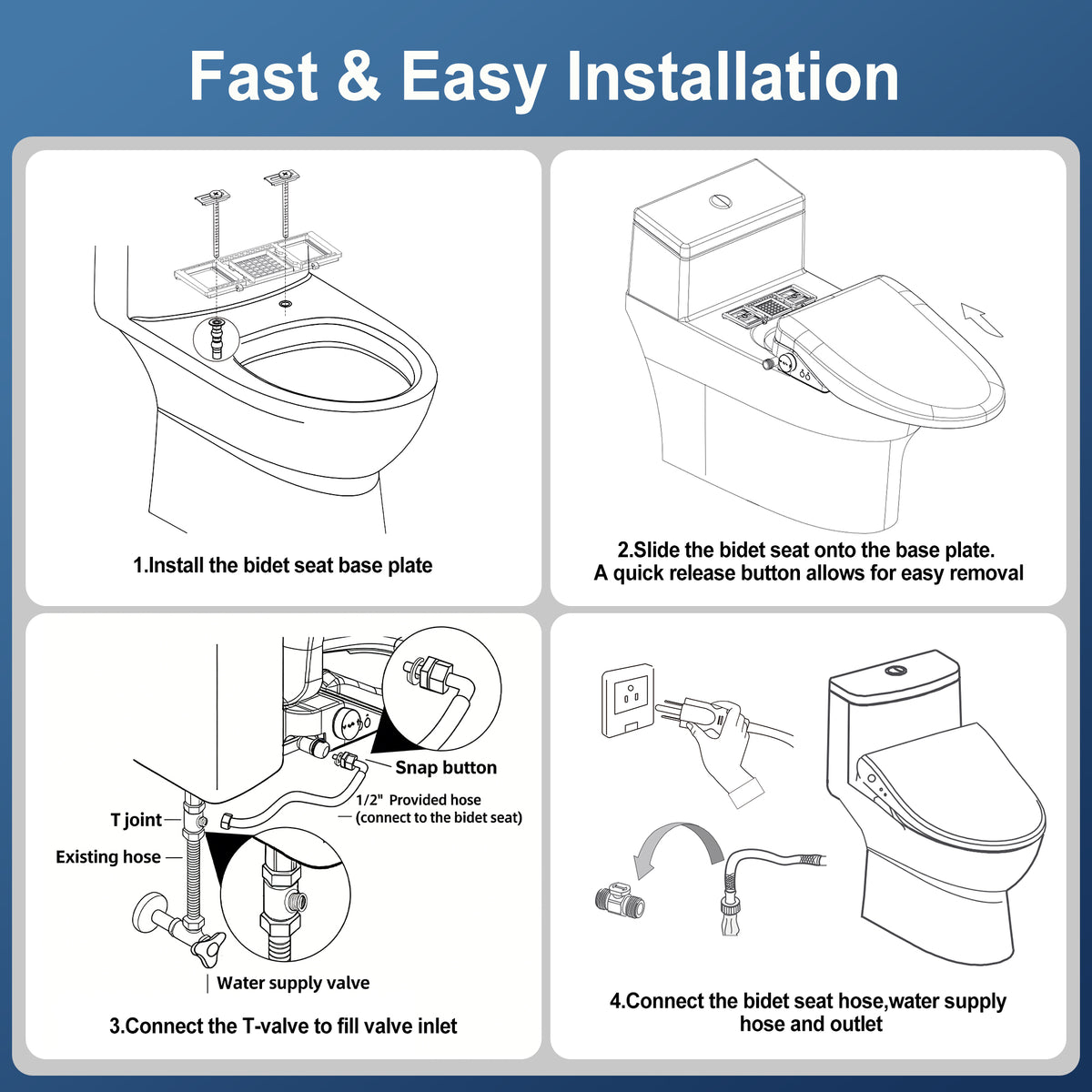 WHALLULTRA Elongated Bidet Toilet Seat with Remote Control, Heated Seat Smart Toilet Seat, Instant Warm Water, Stainless Steel Nozzle, White