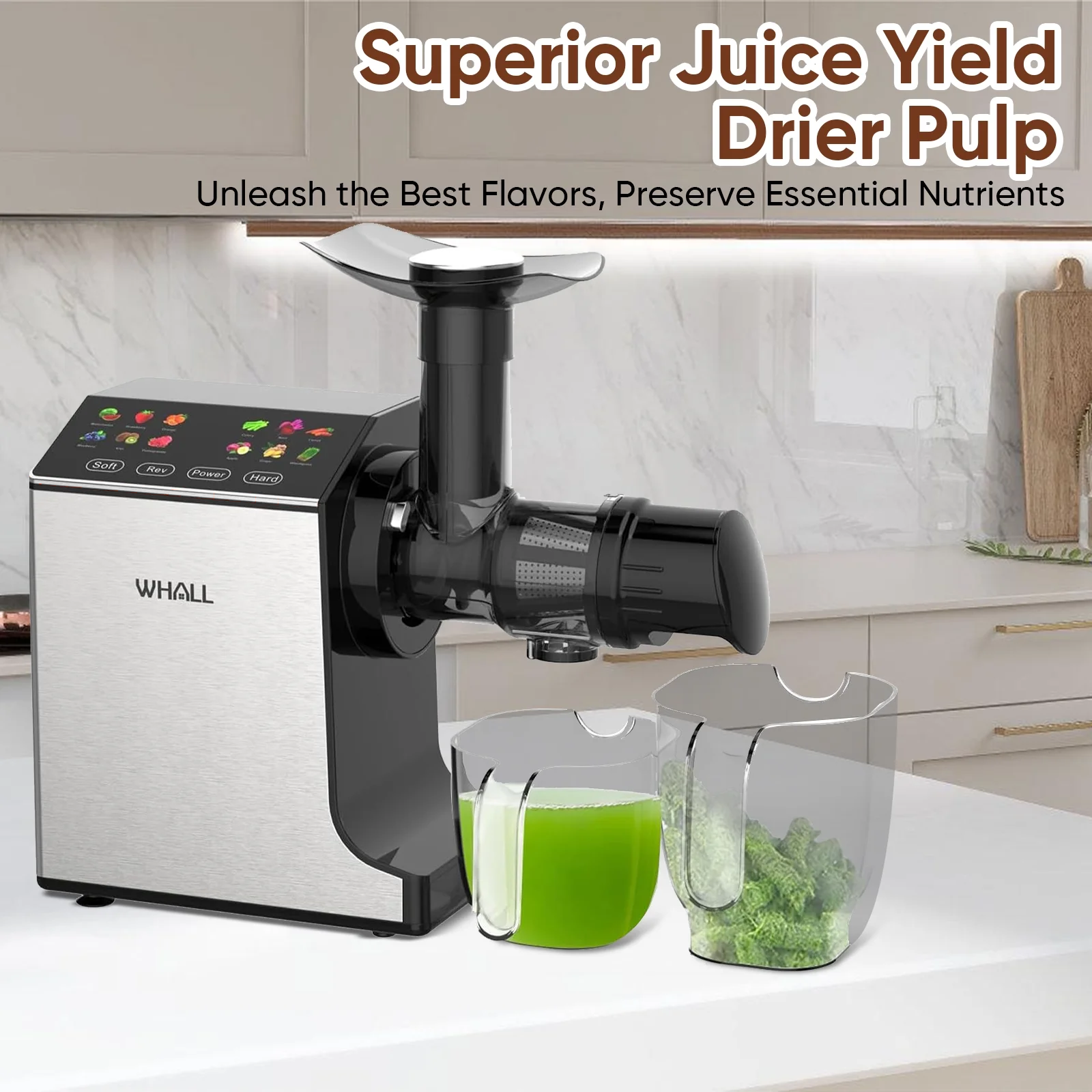 WHALLULTRA Masticating Slow Juicers, Cold Press Juicer Machine, Wide Feed Chute, High Juice Yield, Stainless Steel Masticating Juicer - Silver