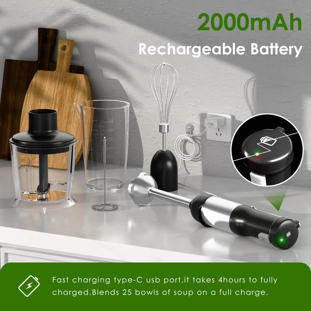 WHALLULTRA - 5-in-1 Cordless Immersion Hand Blender - Variable Speed, Rechargeable Handheld Blender for Smoothies