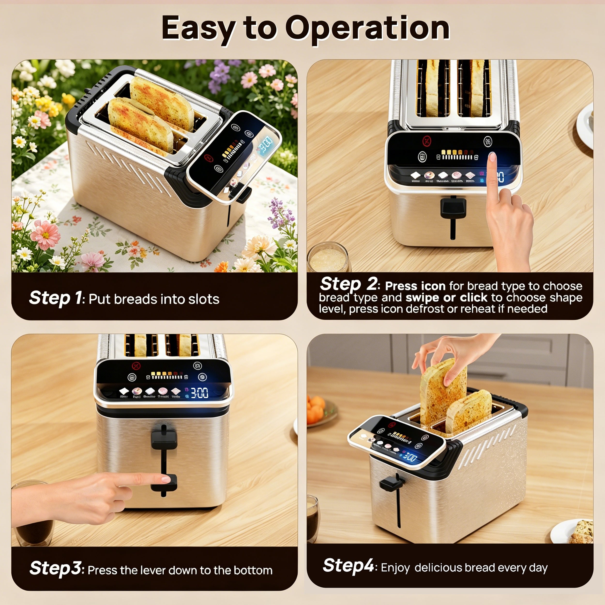 WHALLULTRA Stainless Steel 2-Slice Smart Toaster with Touchscreen, Digital Timer, Extra-Wide Slots, Defrost/Reheat/Bread Type Functions, Warming Rack